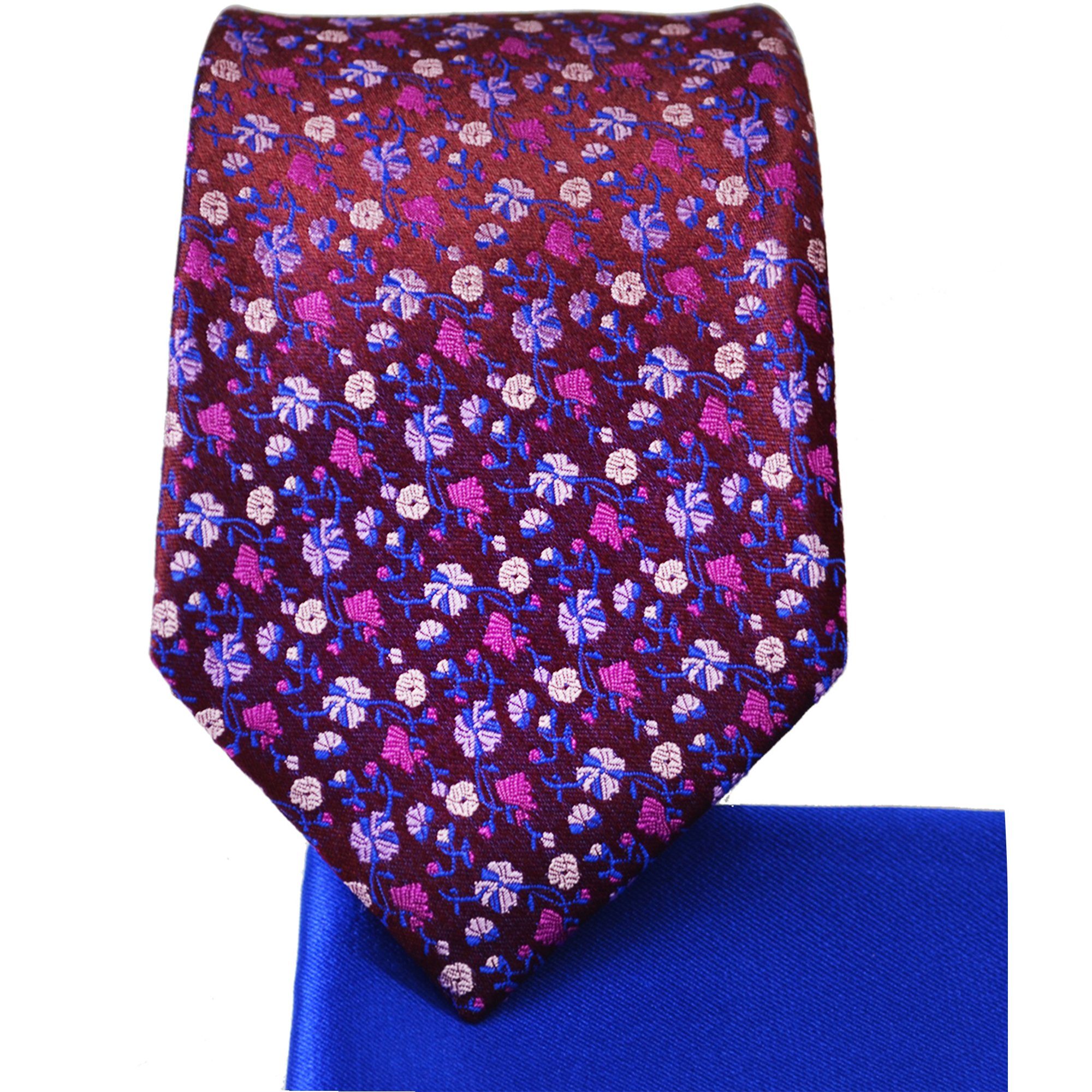 Paul Malone Krawatte 7-Fold mit S14788-24 Schlips 2-St., Seidenkrawatte (Set, elegant geblümt mauve modern pink Seide 100% Einstecktuch)