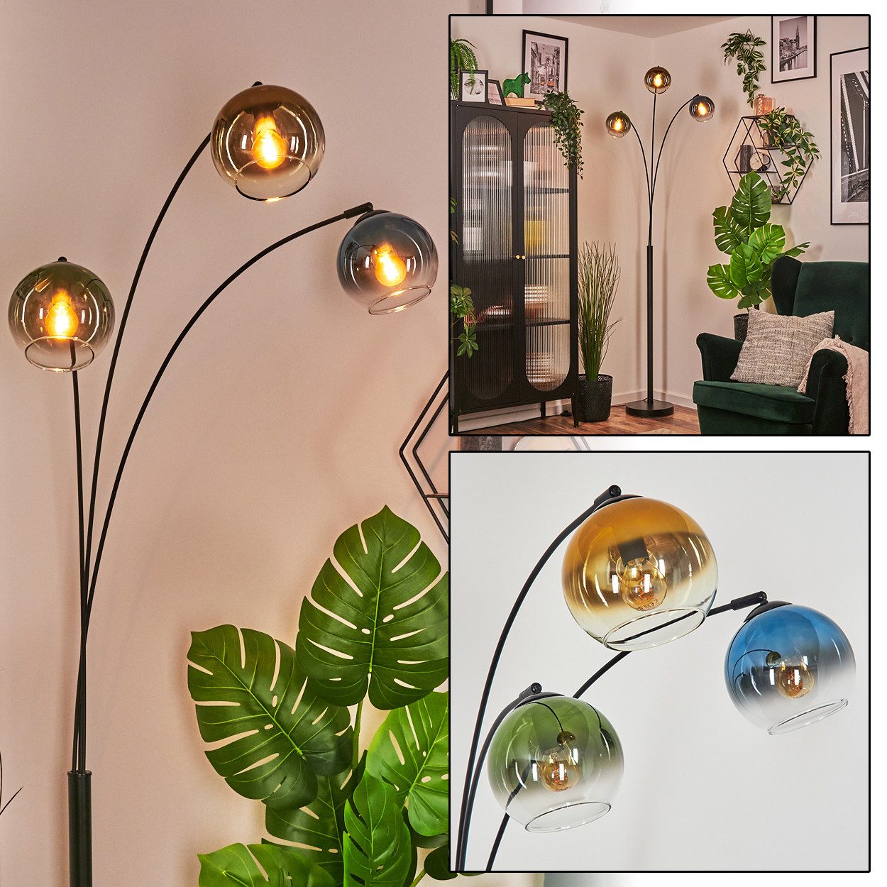 hofstein Stehlampe Stehlampe aus Metall/Glas in Schwarz/Blau/Grün/Goldfarben/Klar, verstellbare Stehleuchte im Vintage-Design, Fußschalter, 210 cm, 3xE14