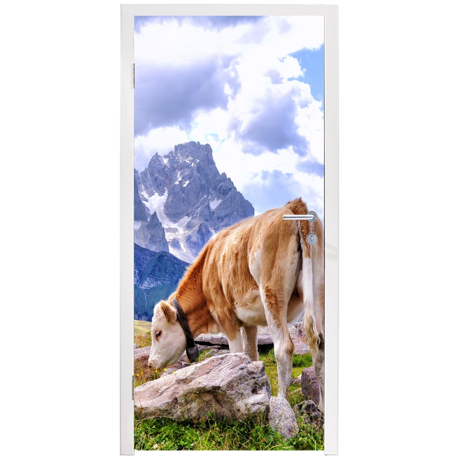 Türtapete MuchoWow Alpen cm - Berg, Fototapete (1 Kuh für - Tür, Matt, 75x205 bedruckt, Türaufkleber, St),