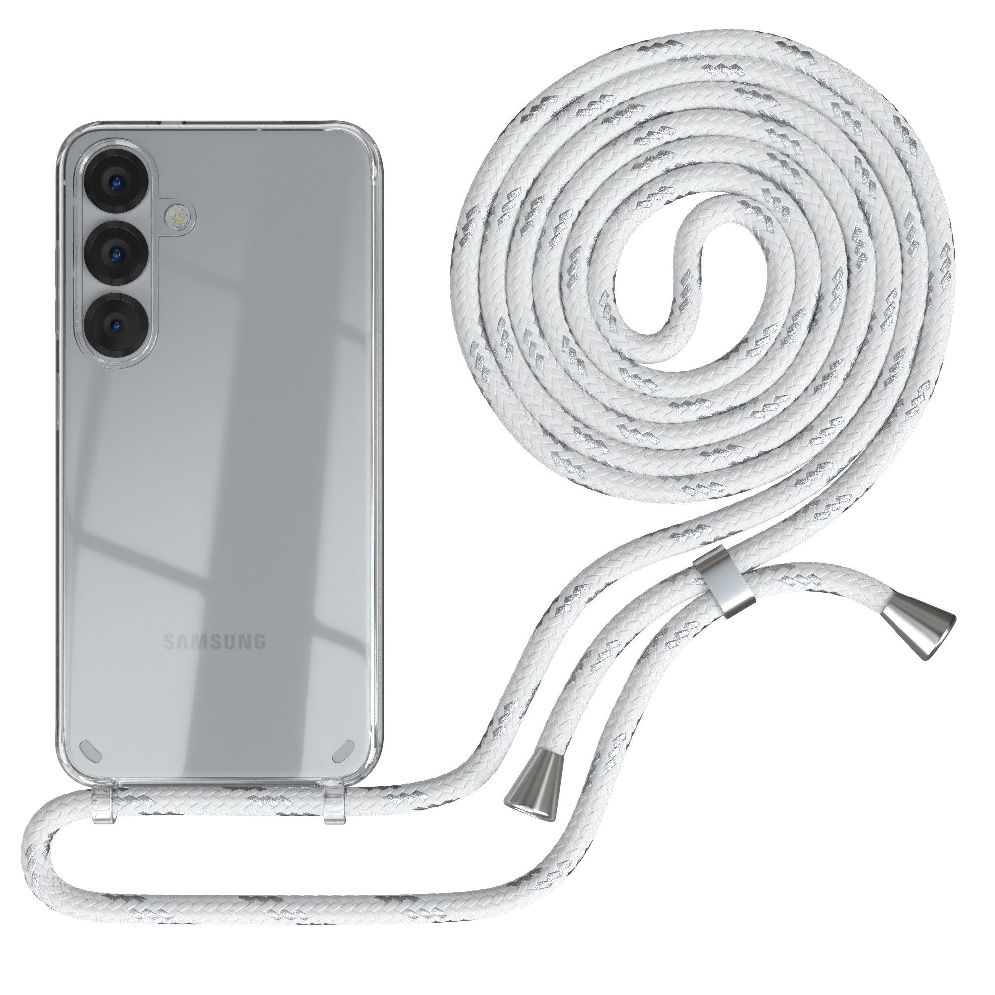 EAZY CASE Handykette Hülle mit Kette für Samsung Galaxy S25 6,2 Zoll, Hülle Smartphonekette für Unterwegs Festivalhülle Transparent Weiß
