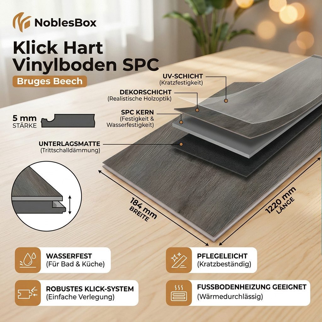 NoblesBox Designboden Klick Vinylboden SPC - Hartvinyl - 4+1mm Wasserfest - 1 mm Isolierung, Für Fußbodenheizung, Hochabriebfest & Klicksystem – Bild 3 von 5