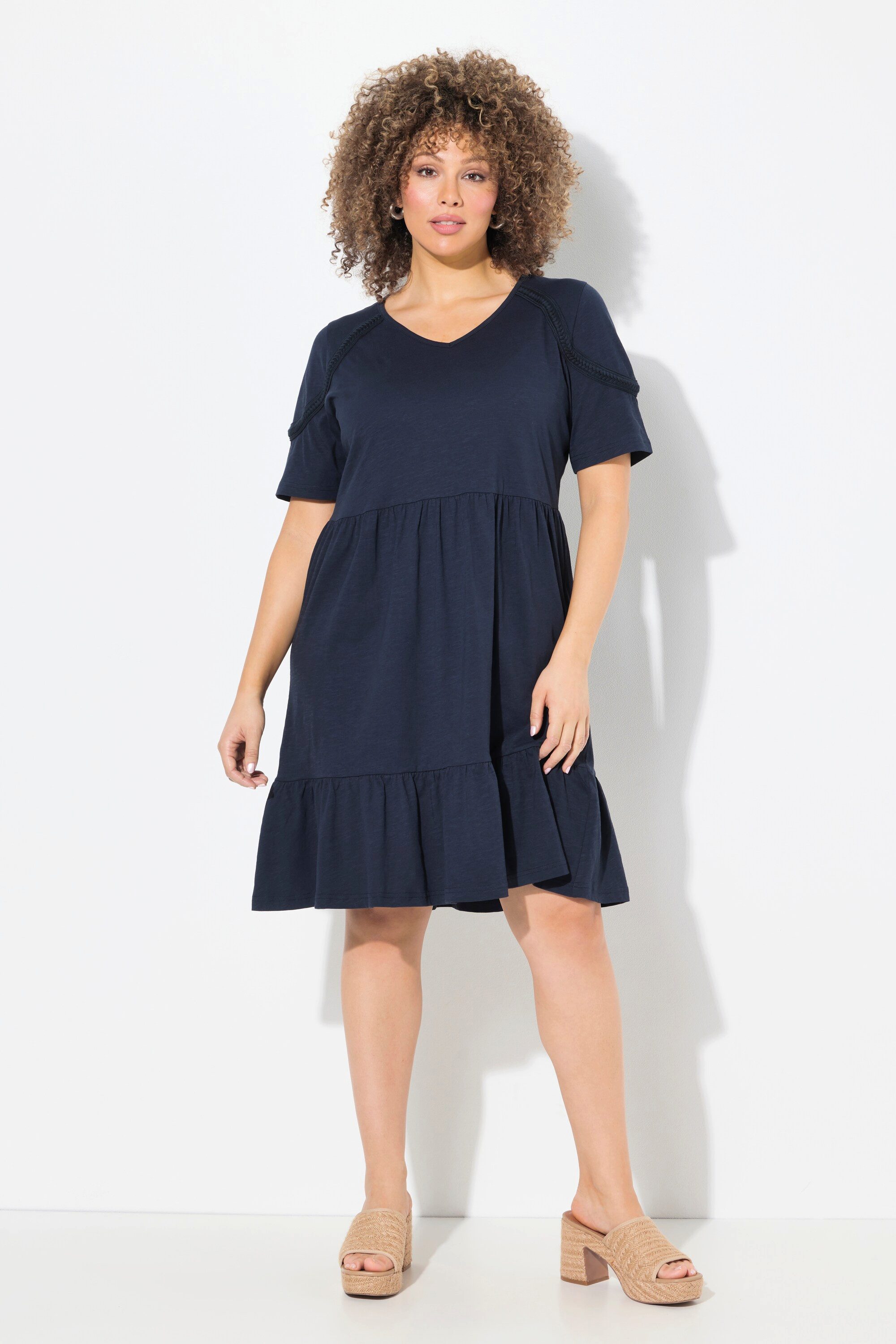 Ulla Popken Jerseykleid Jerseykleid Zierband A-Linie V-Ausschnitt Halbarm günstig online kaufen