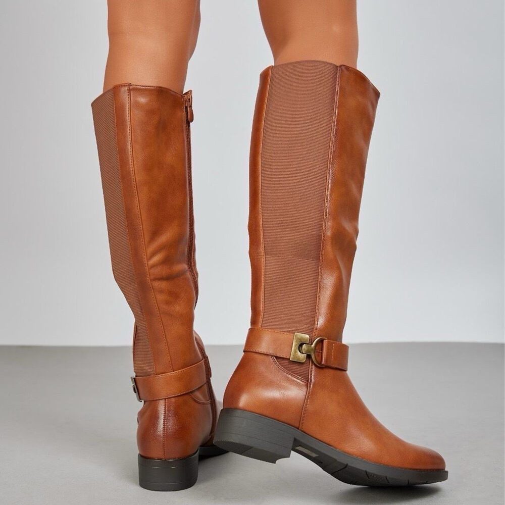 Ital-Design Elegante Stiefel mit Riemen für Damen – Herbst-/Wintersaison Stiefel (90110001) Blockabsatz Flache Stiefel in Camel