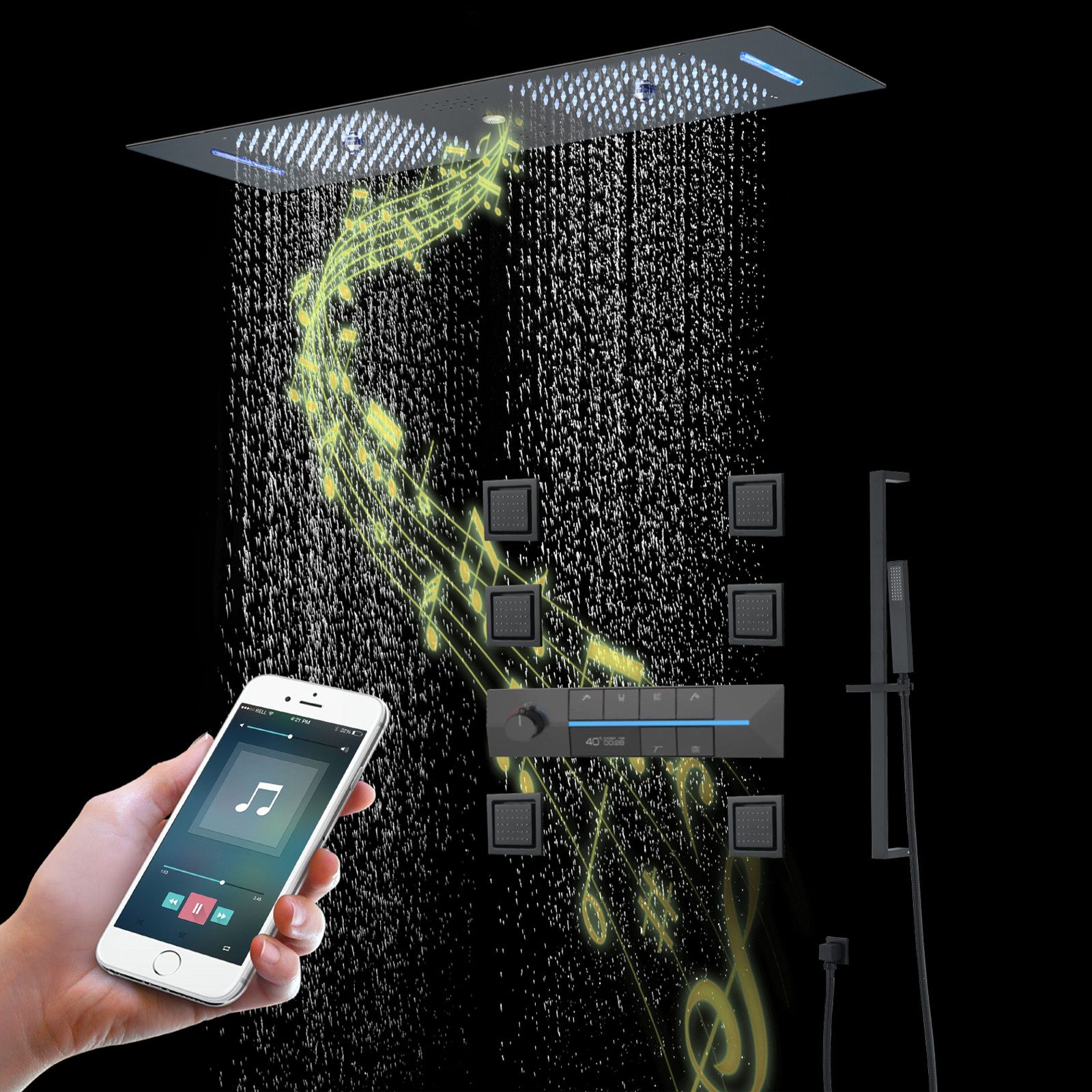 Oihpaw Duschsystem 900 x 300 mm 4 Funktions LED Musik Duschkopf, Ganzkörper Duschsystem, 4 Strahlart(en), Thermostatisches Duschventil mit 6 Funktionen