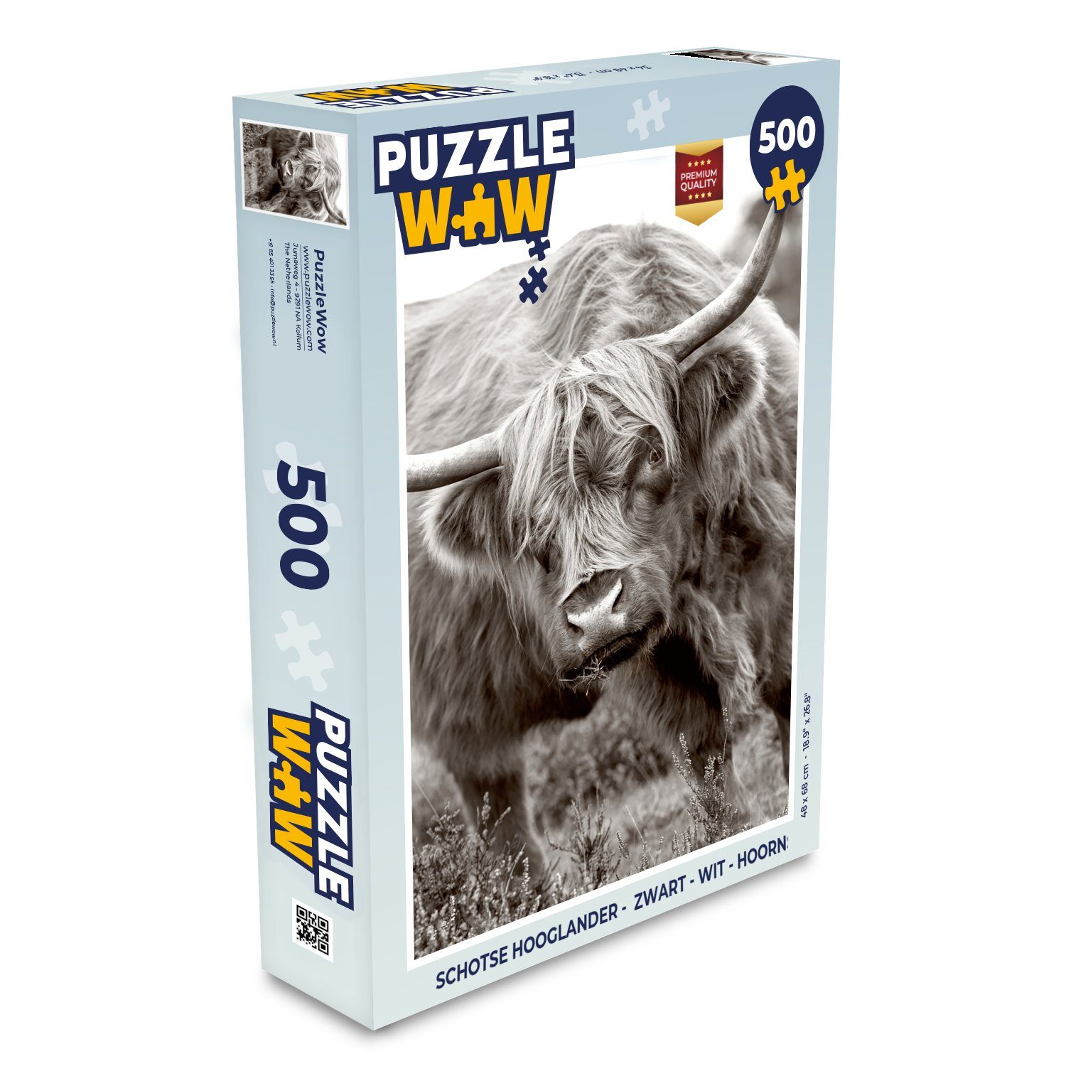 MuchoWow Puzzle Schottischer Highlander - Schwarz - Weiß - Hörner, 500 Puzzleteile, Foto-Puzzle, Bilderrätsel, Puzzlespiele, Spielzeug