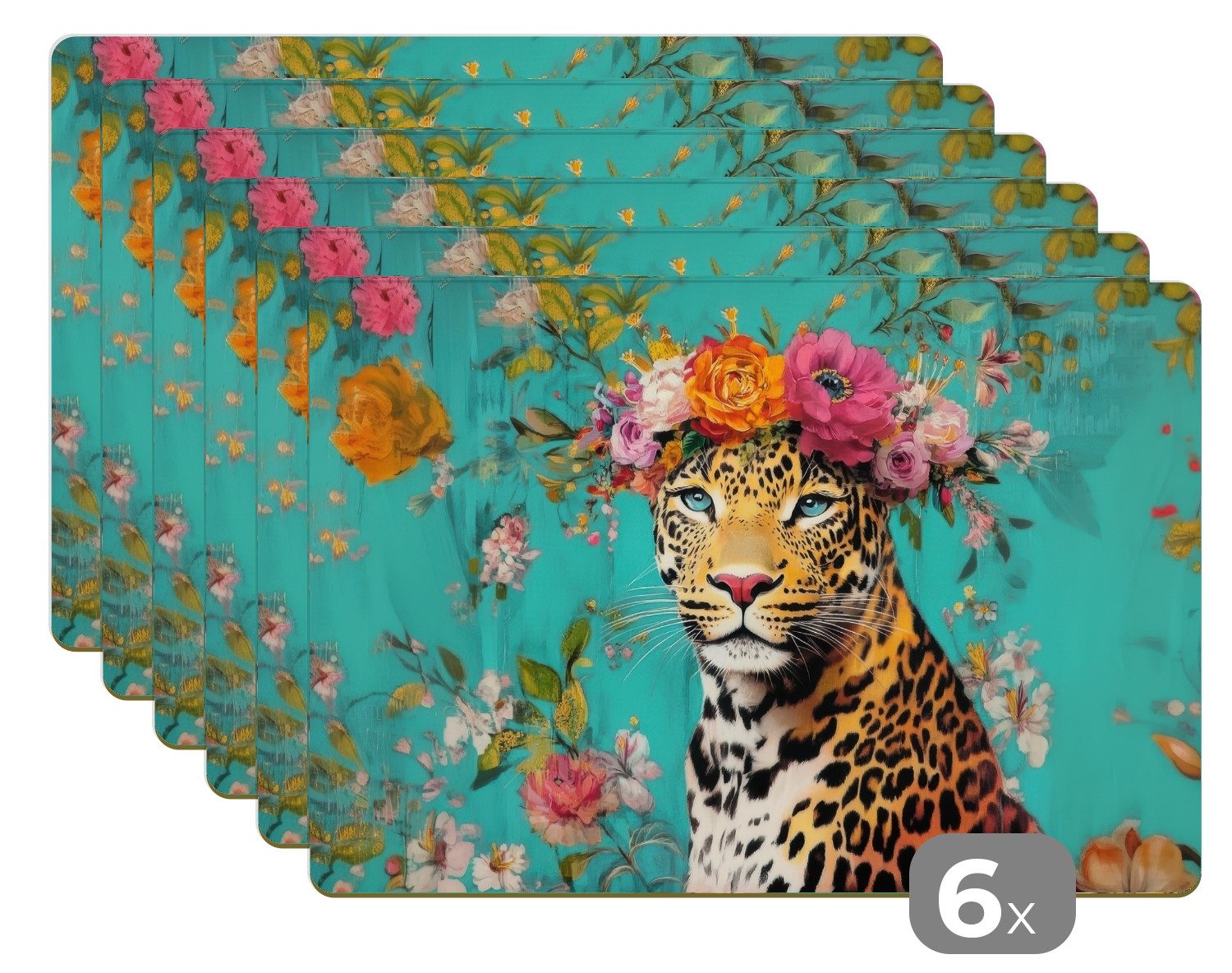 MuchoWow Platzset Leopard - Blumen - Krone, (6-St), Platzsets, Tischset, Abwaschbar, Tischsets, Platzdeckchen