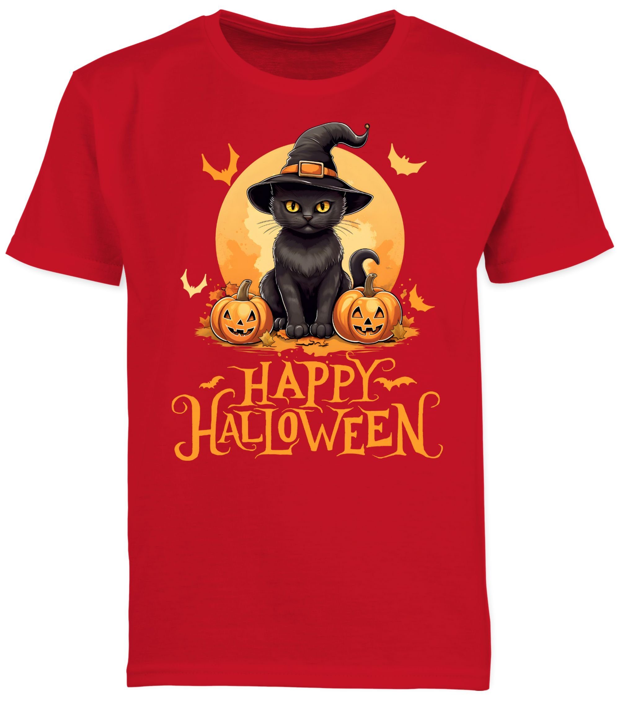 für Halloween Halloween 03 Katze Rot T-Shirt Kinder Hexenhut Happy Shirtracer Kostüme Jungs Cat Katzenliebhaber Lustig