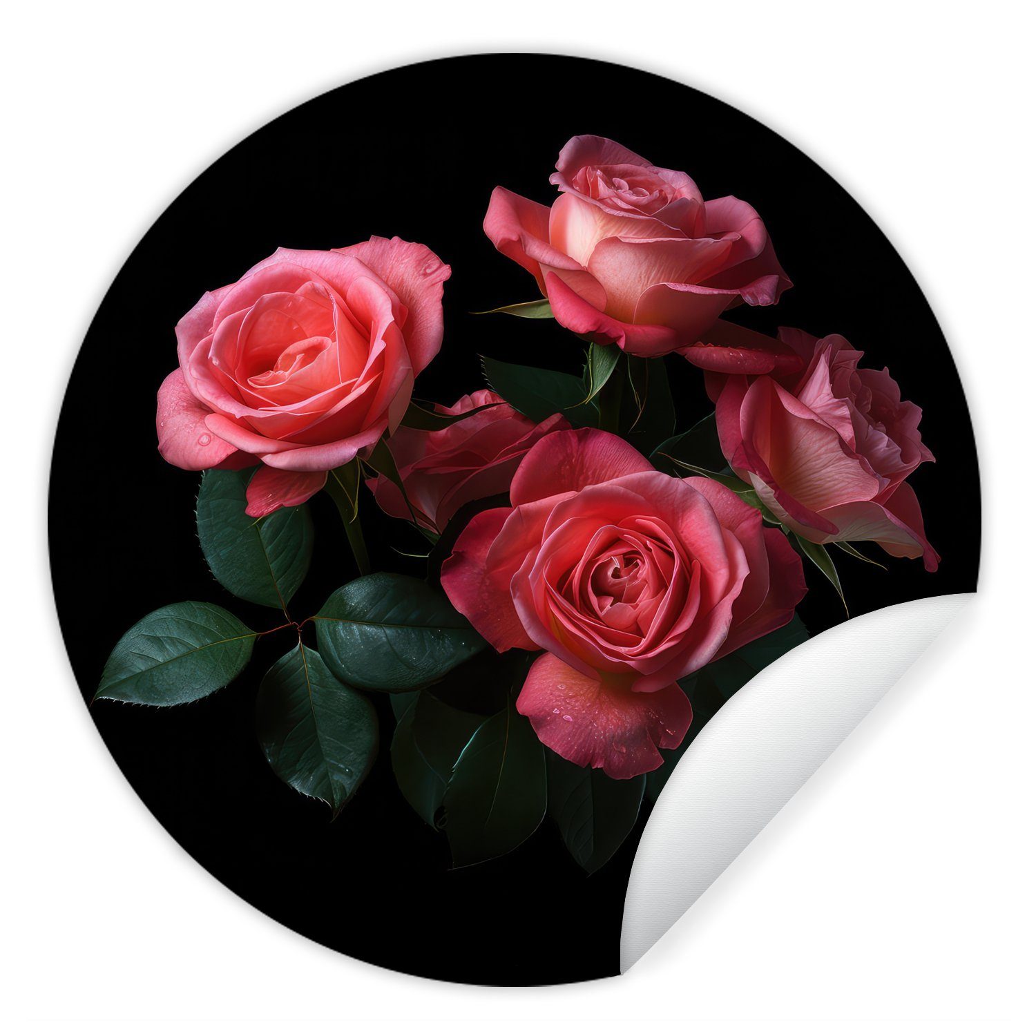 MuchoWow Wandsticker Rosen - Rosa - Blumen - Natur - Schwarz (1 St), Tapetenkreis für Kinderzimmer, Tapetenaufkleber, Rund, Wohnzimmer