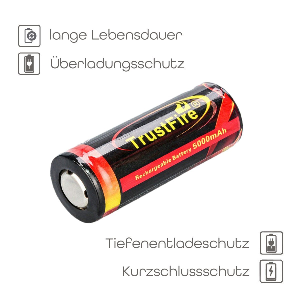 Trustfire Akku 5000 mAh, 26650 Li-Ion Akku 5000mAh geschützt wiederaufladbare Batterie