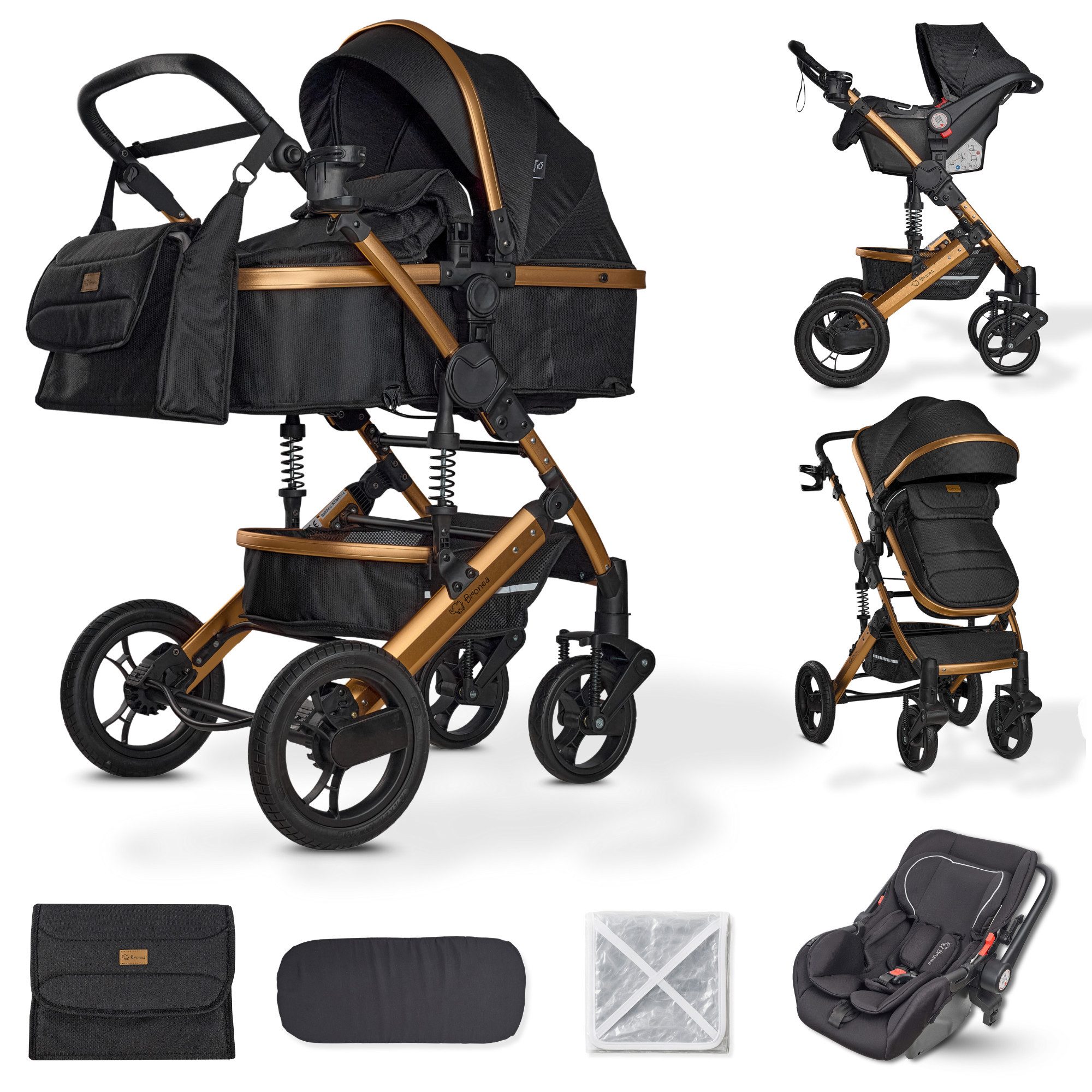 Bronea Kombi-Kinderwagen EXQUISE 2.0 Kinderwagen 3in1 mit MATRATZE, BUGGY & AUTO-BABYSCHALE, NEUES HOCHWERTIGES MODELL,Wickeltasche,Regen-, Mücken- & Sonnenschutz