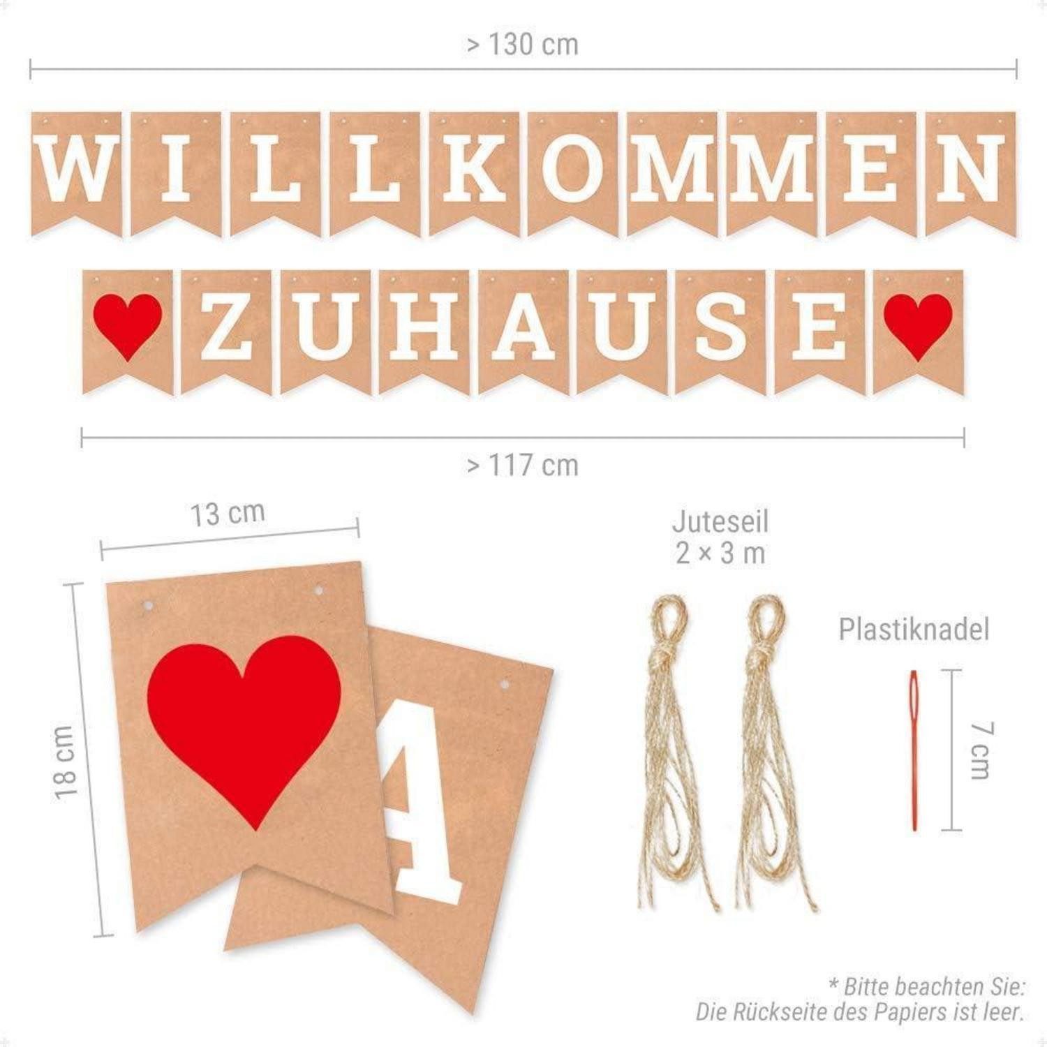 LuxusKollektion Wimpelkette Banner Willkommen Zuhause Girlande 19 Wimpel 2 Juteseile 3m Braun – Bild 2 von 5