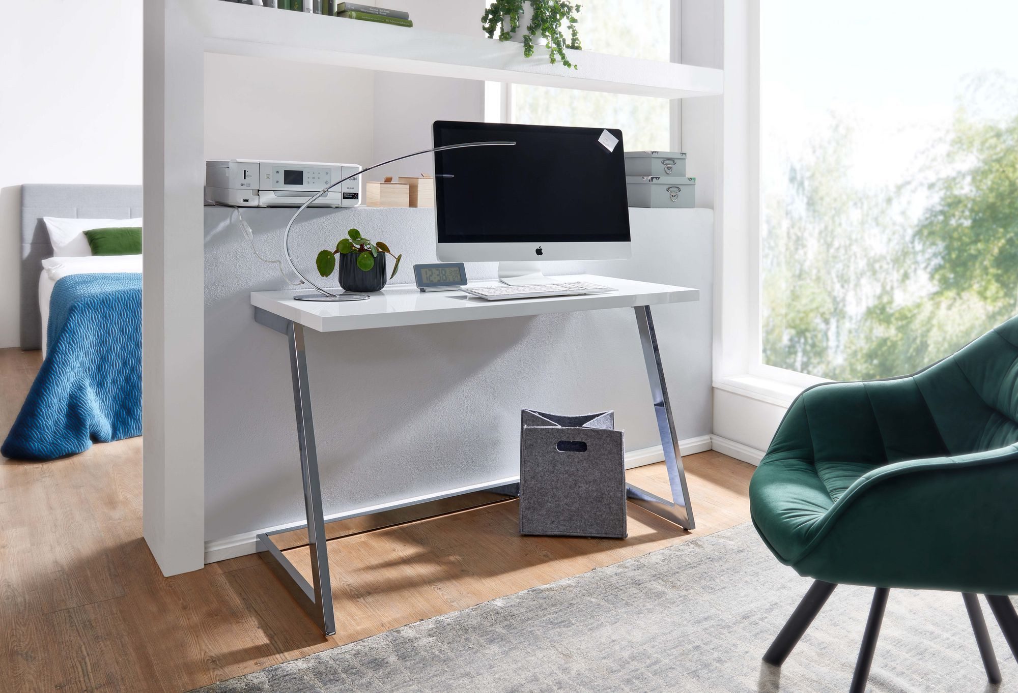 Wohnling Schreibtisch WL6.575 Hochglanz Weiß 120 cm Computertisch Tisch Büro Metall (120x55x76 cm Hochglanz Weiß / Silber Modern), Bürotisch Home-Office, Computertisch Metallbeine