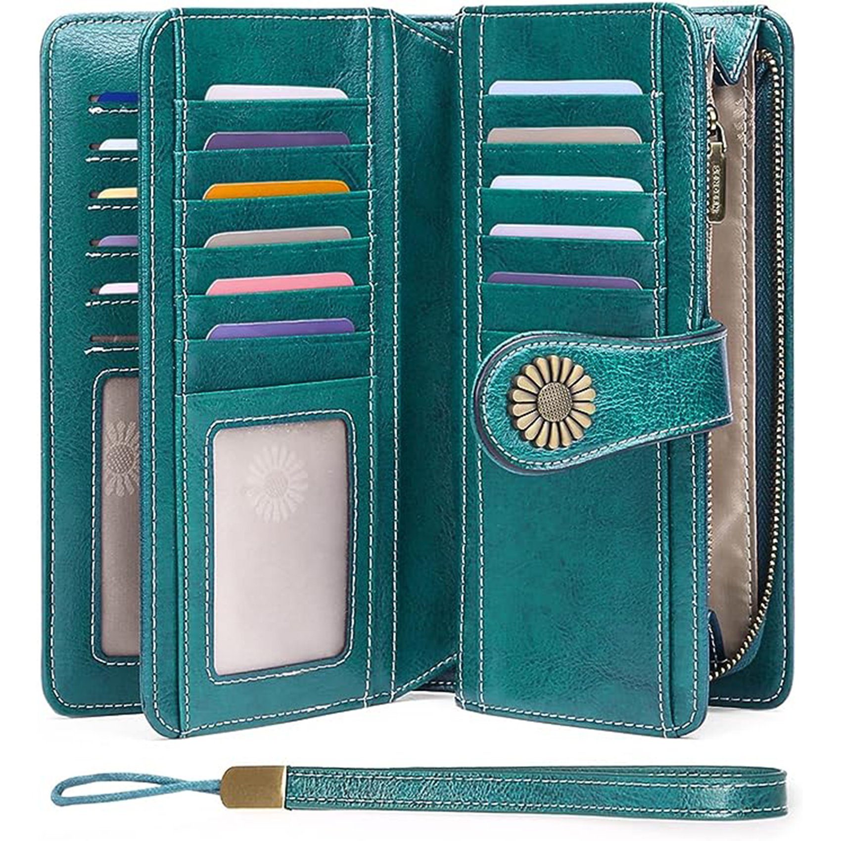 Wörleonline Geldbörse Damen Geldbörse aus Leder, mit RFID-Schutz und praktischer Einteilung, echt Leder blaugrün