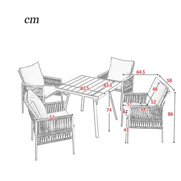 Merax Garten-Essgruppe für 4 Personen, (5-tlg., 1 Esstisch/4 Sessel), Gartenmöbel Set aus Polyrattan und Eisen, Sitzgarnitur, Sitzgruppe