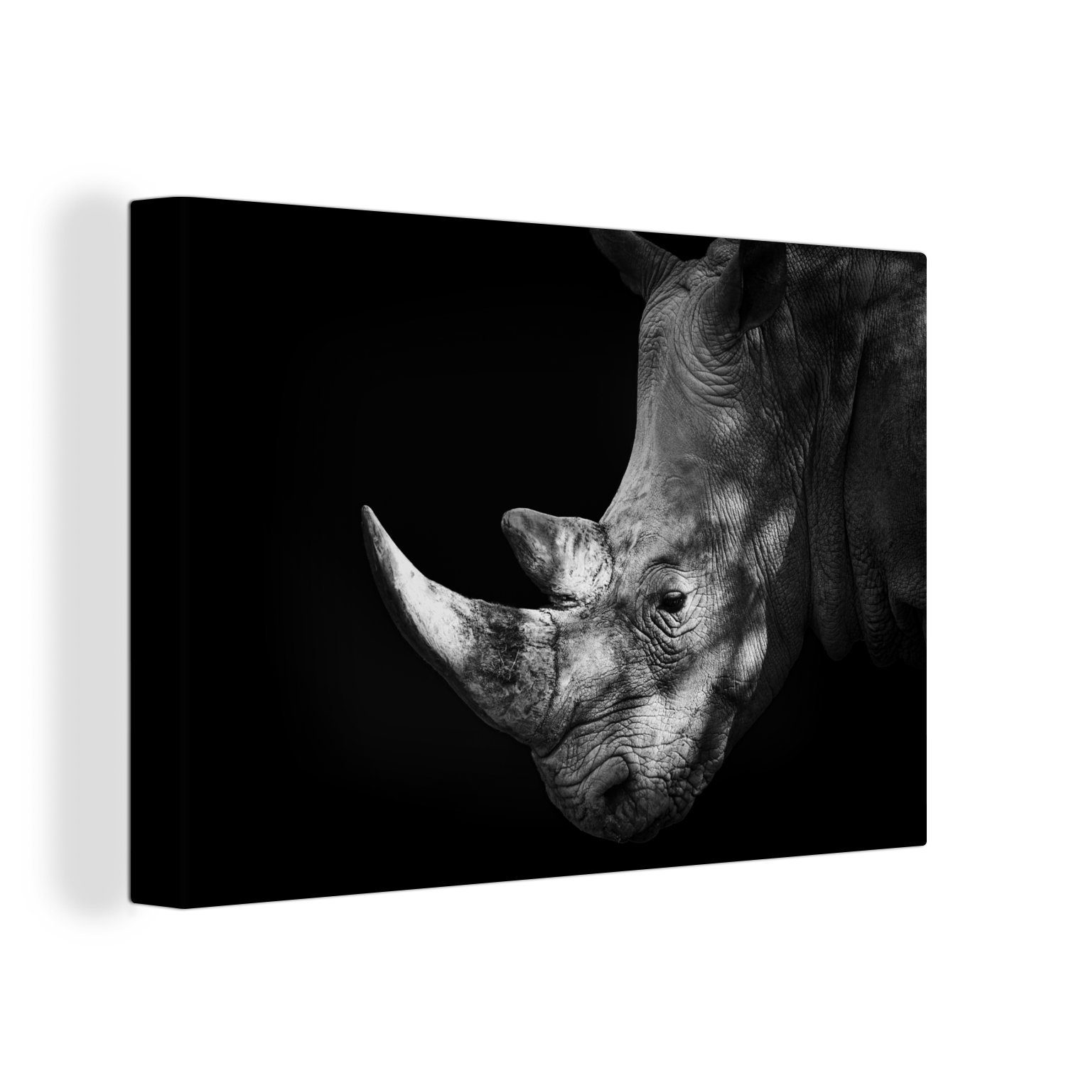 OneMillionCanvasses® Leinwandbild Schwarzes und weißes Nashorn auf schwarzem Hintergrund, (1 St), Wandbild Leinwandbilder, Aufhängefertig, Wanddeko, 30x20 cm