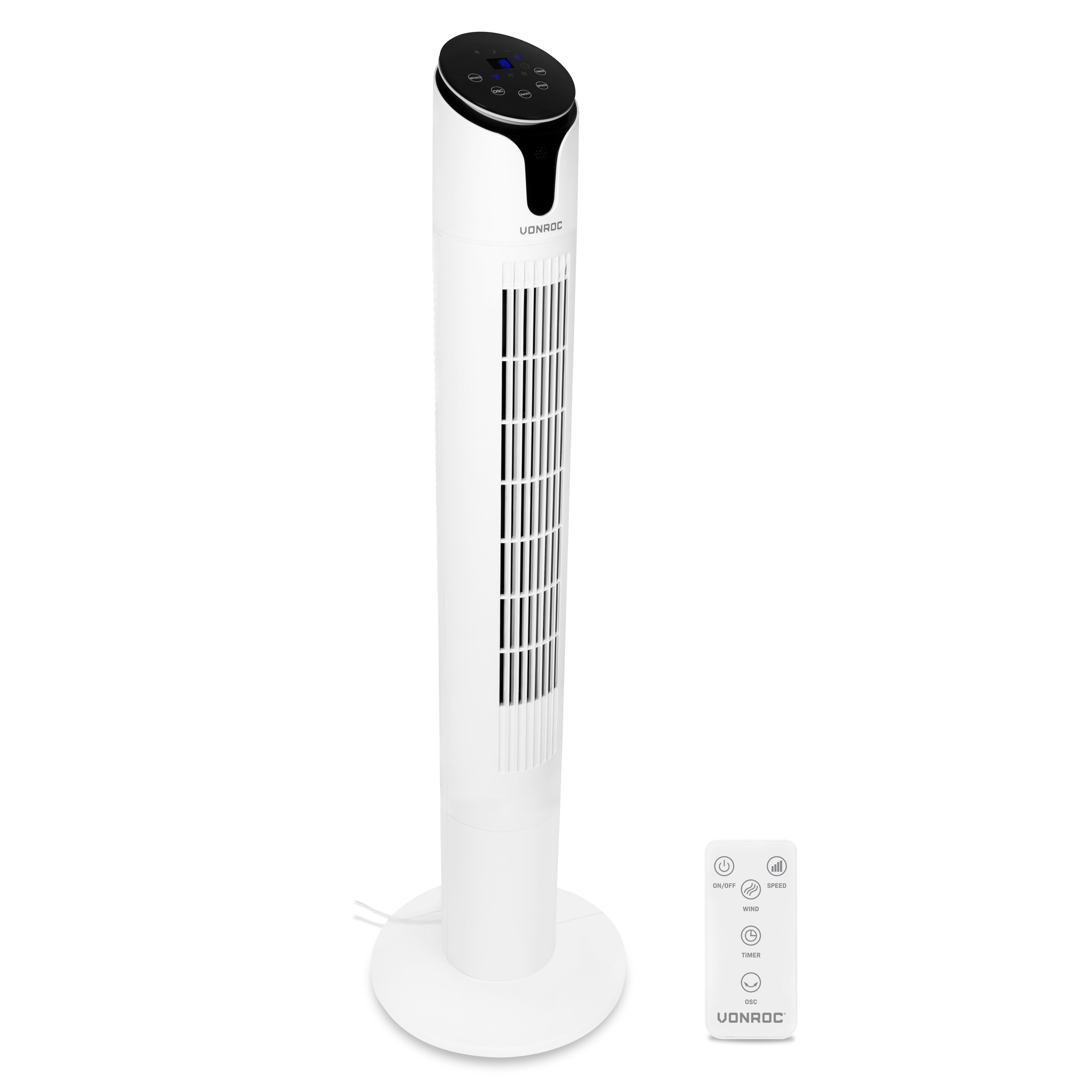 VONROC Turmventilator - Luxusventilator inklusive Fernbedienung – 3 Gänge – Drehfunktion –, 15-Stunden-Timer – Höhe 110 cm – weiß