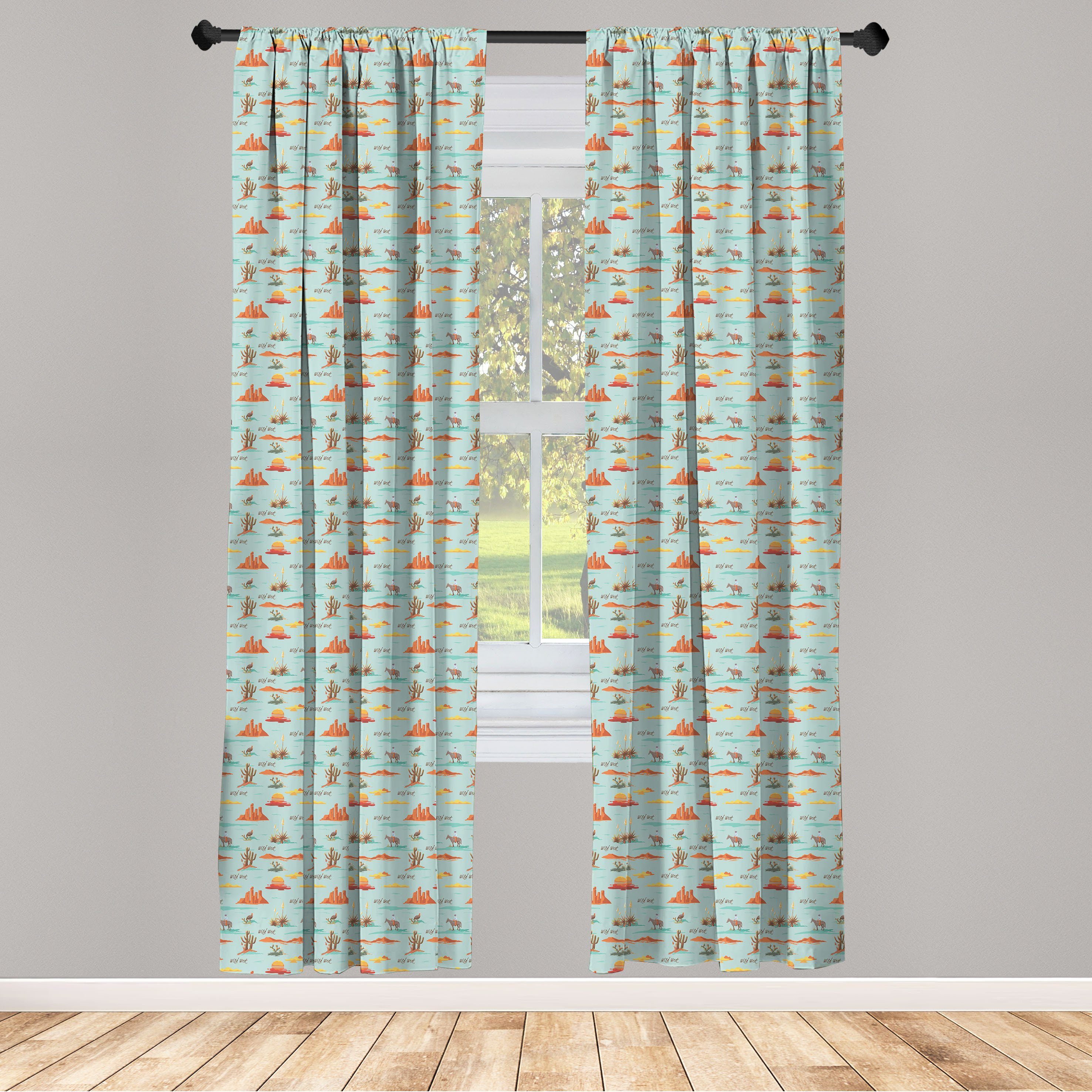 Gardine Vorhang für Wohnzimmer Schlafzimmer Dekor, Abakuhaus, Microfaser, Wilder Westen Sunset Cactus und Cowboy