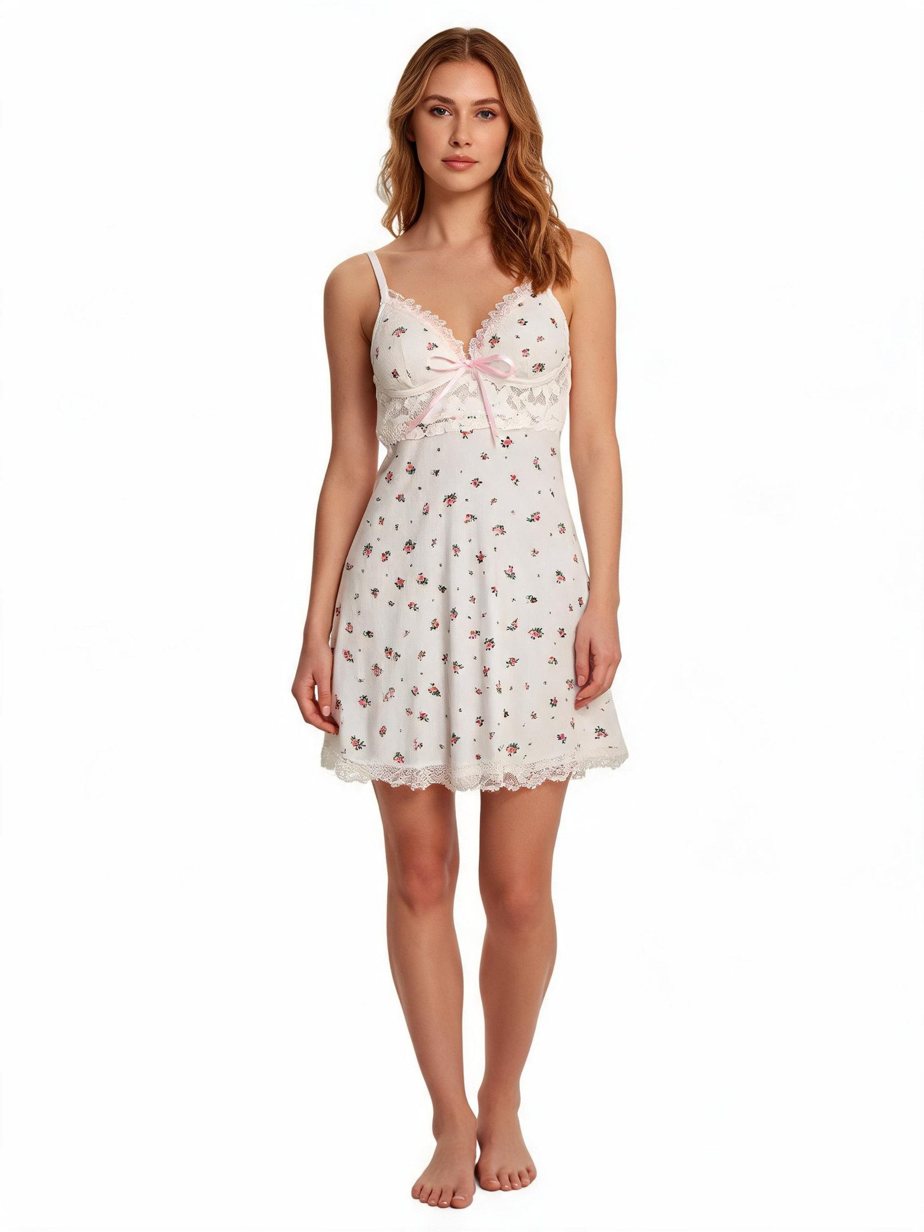 Elegant Love Nachthemd Nachtkleid für Damen – Elegante Lingerie mit Spitze & Blumenmuster (Cut-out am Rücken, Spitzenabschluss am Saum) Dessous-Schlafkleid – Feminine Reizwäsche für warme Nächte