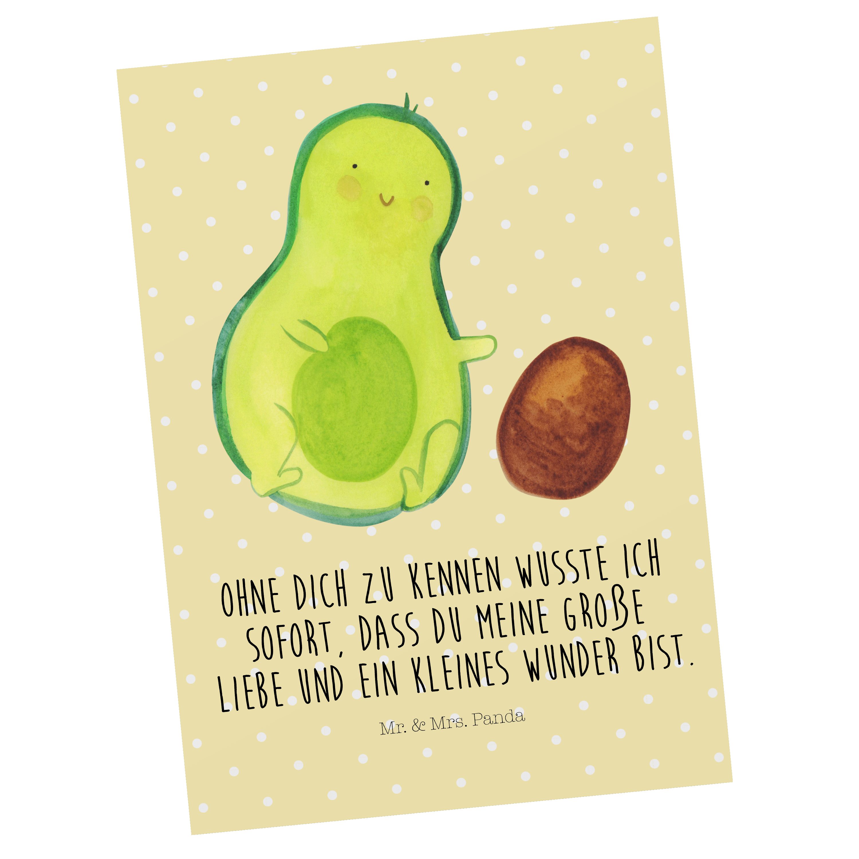 Mr. & Mrs. Panda Postkarte Avocado rollt Kern - Gelb Pastell - Geschenk, Ansichtskarte, Babypart | Grußkarten