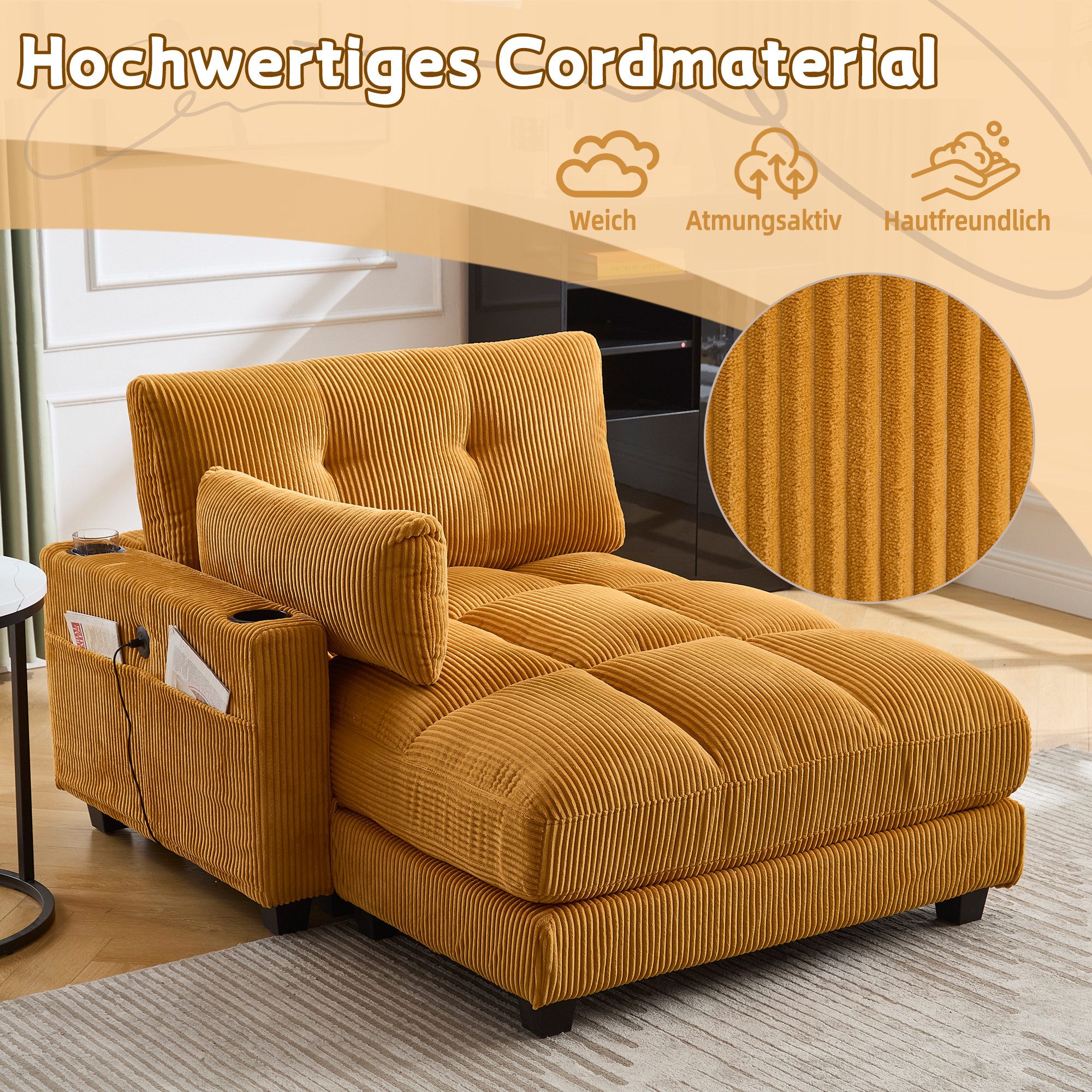 STILVORA Schlafsofa Ecksofa Schlafsofa Sitzgruppe mit rollenden polstern,drei tassen, aus Samt mit Becherhaltern, USB-Anschluss und Kopfstützenverstellung – ideal für Wohnzimmer, Schlafzimmer und Büro, Komfortabler Lounge-Stuhl mit Stauraum und minimalistischer Ästhetik