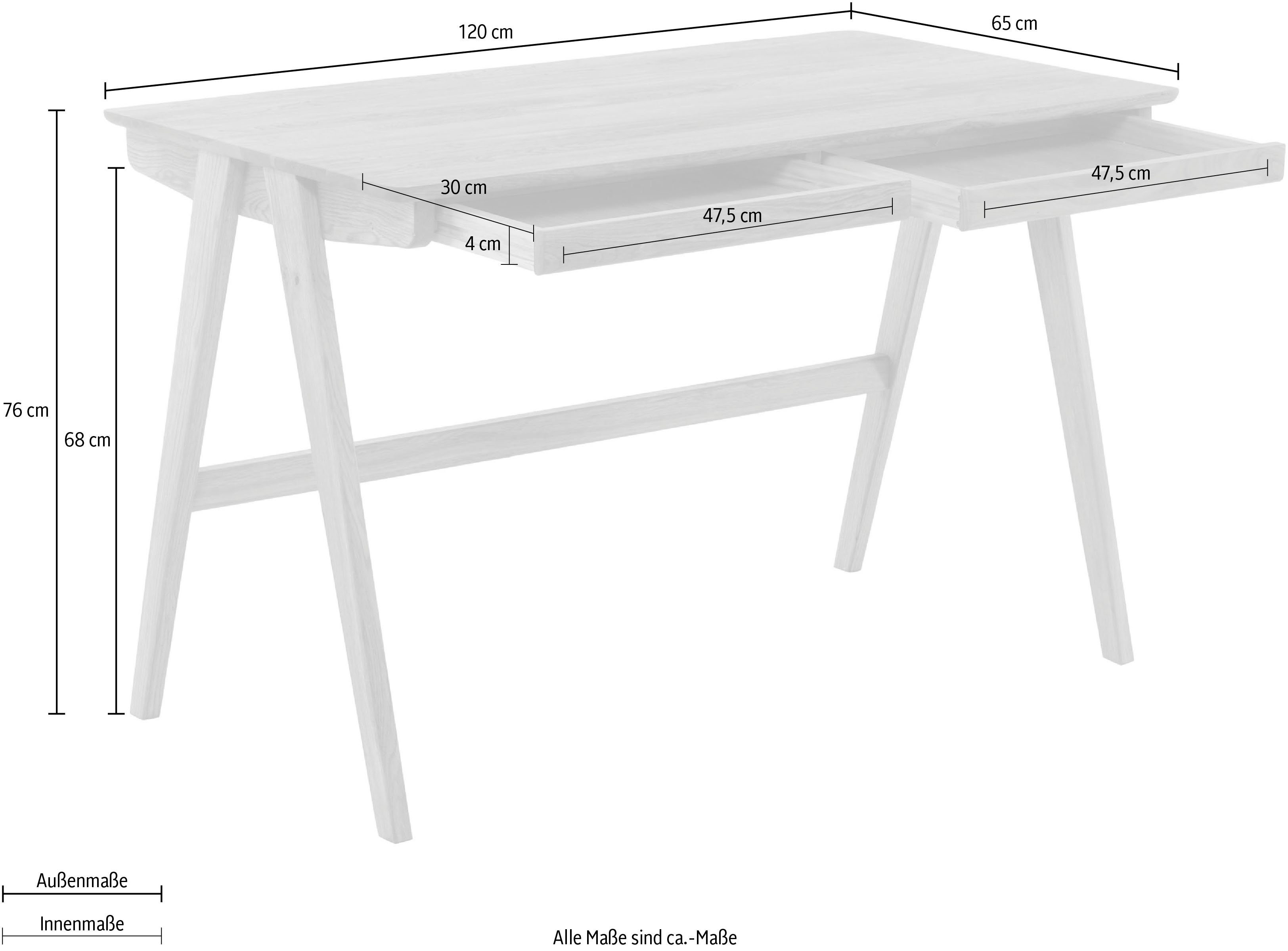 Schreibtisch Massivholz Asteiche MCA Schubladen, 120 furniture Delia, Breite cm geölt mit