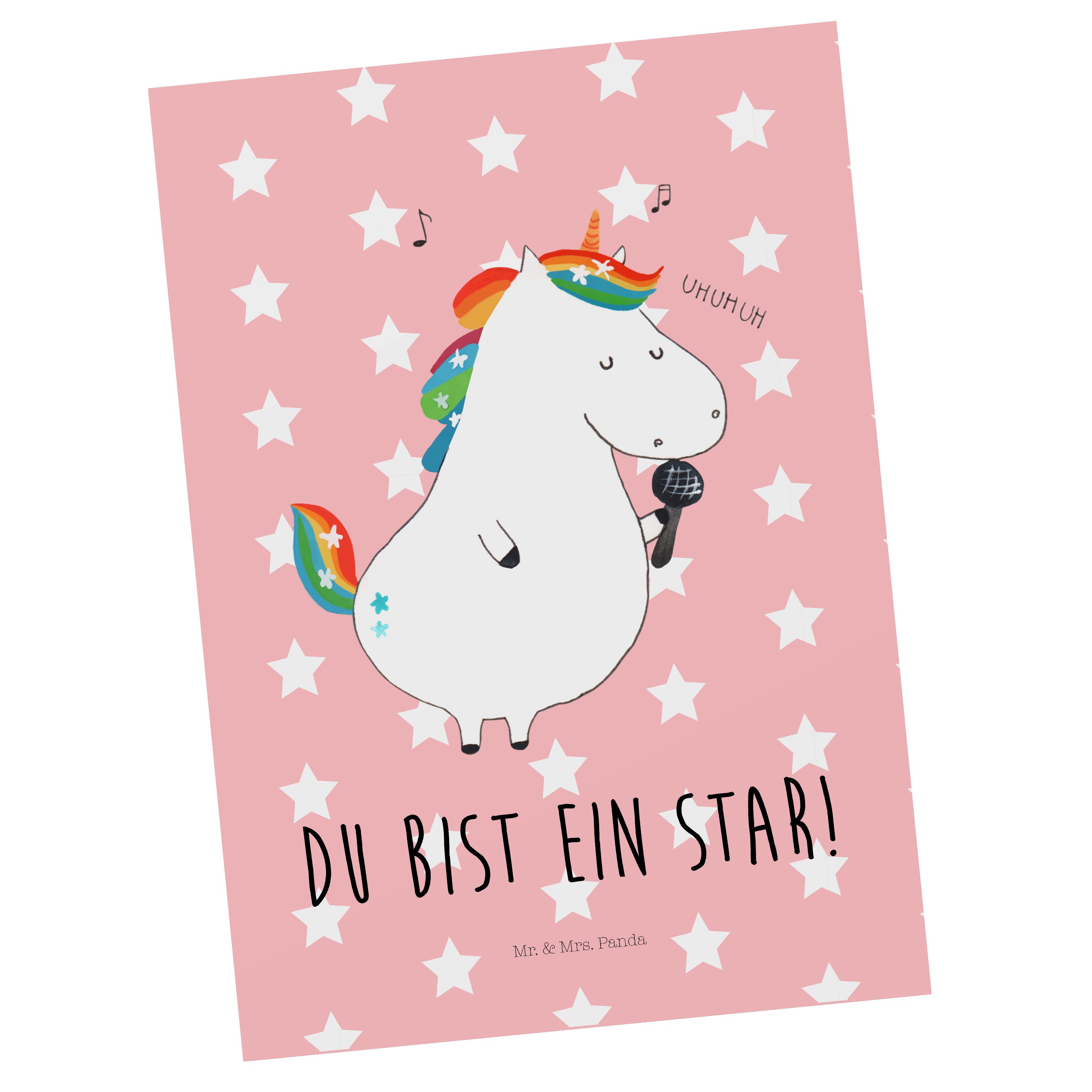 Mr. & Mrs. Panda Postkarte Einhorn Sänger - Rot Pastell - Geschenk, Unicorn, Geburtstag, Dankesk