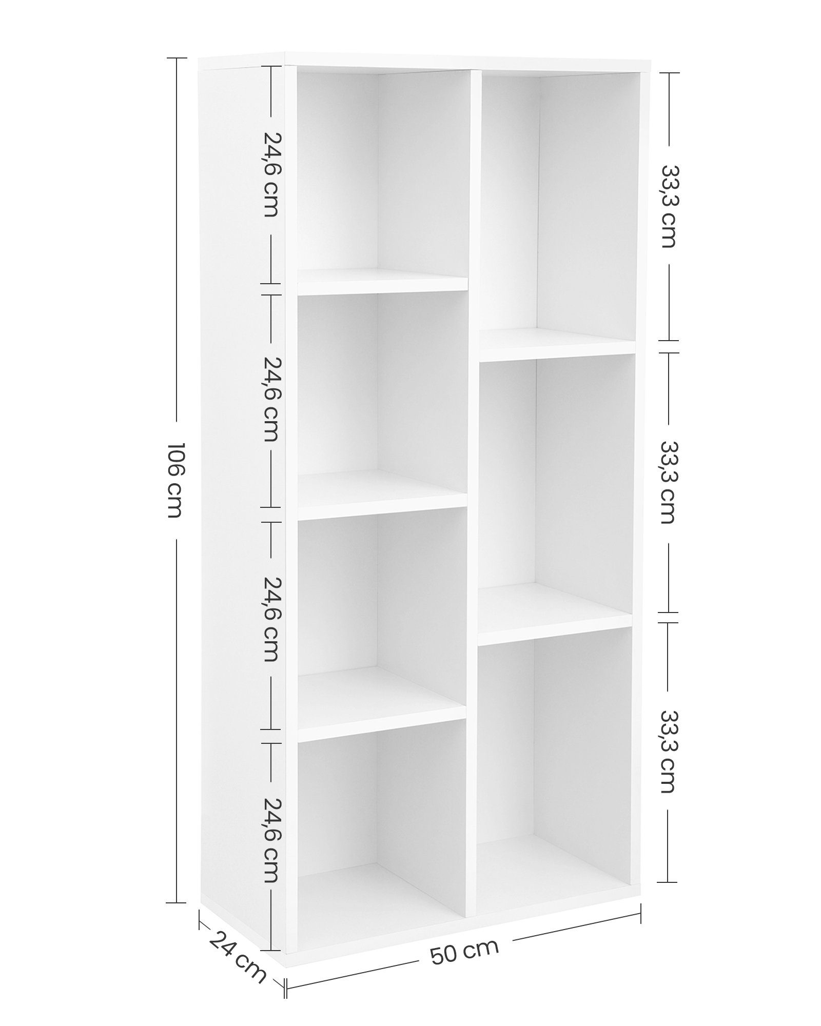 Bücherregal 24 offen, Standregal, mit 7 VASAGLE 50 weiß Fächern, x x 106