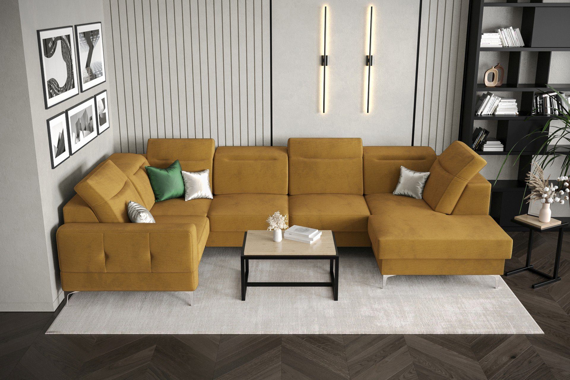 Möbel für Dich Wohnlandschaft Ecksofa in U-Form Malibu Max2 mit Bettkasten und Schlaffunktion Veloursstoff Element 08 Gelbtöne | Wohnlandschaften