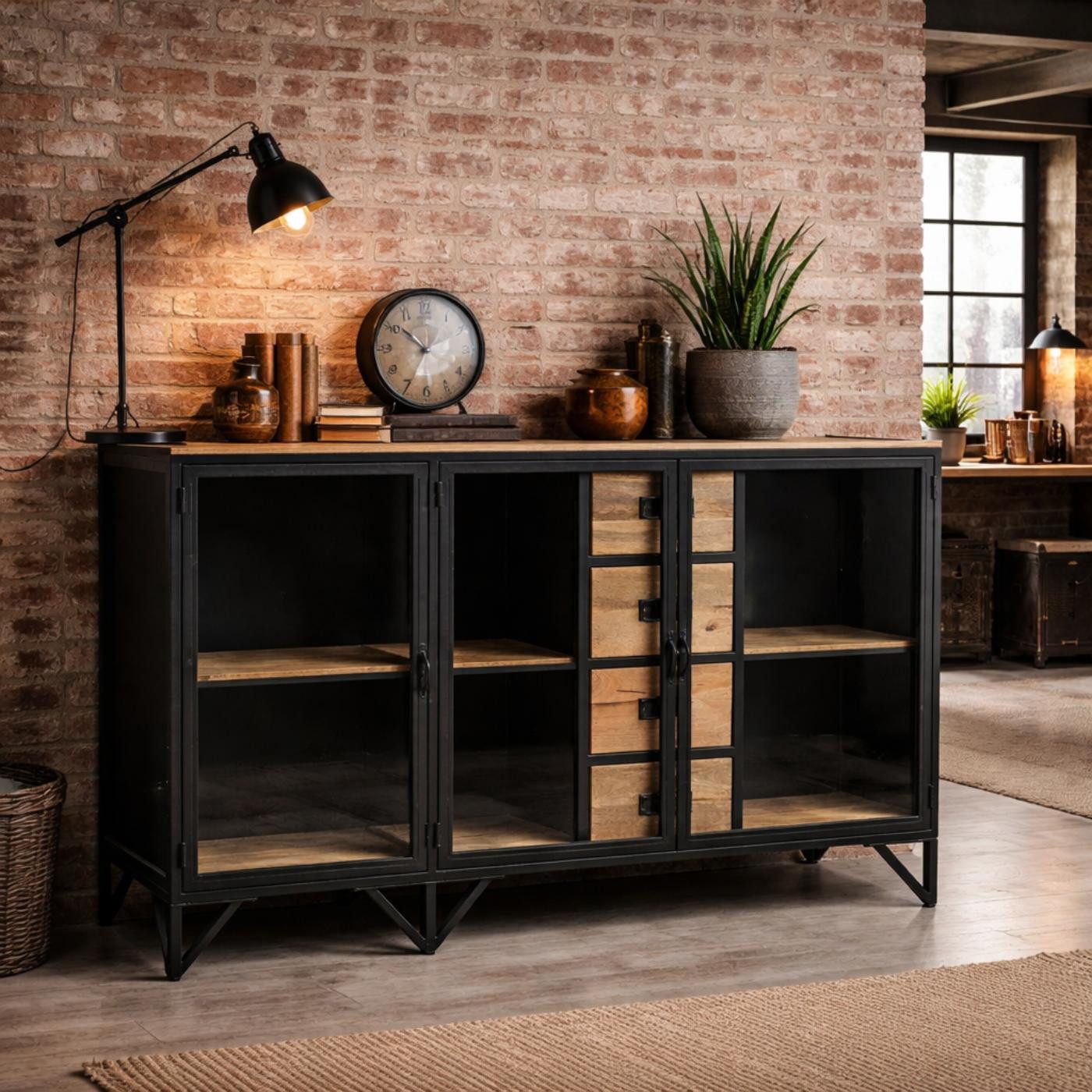 baario Sideboard Sideboard BARBAR Metall Glas, schwarz Industrial Style Kommode Vitrine