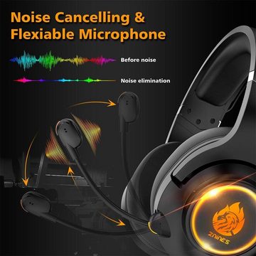 Znines Gaming-Headset (360°-Richtungsmikrofon für qualitativ hochwertige Kommunikation, Over Ear Gaming Kopfhörer mit Mikrofon & LED Licht, Bass Surround)