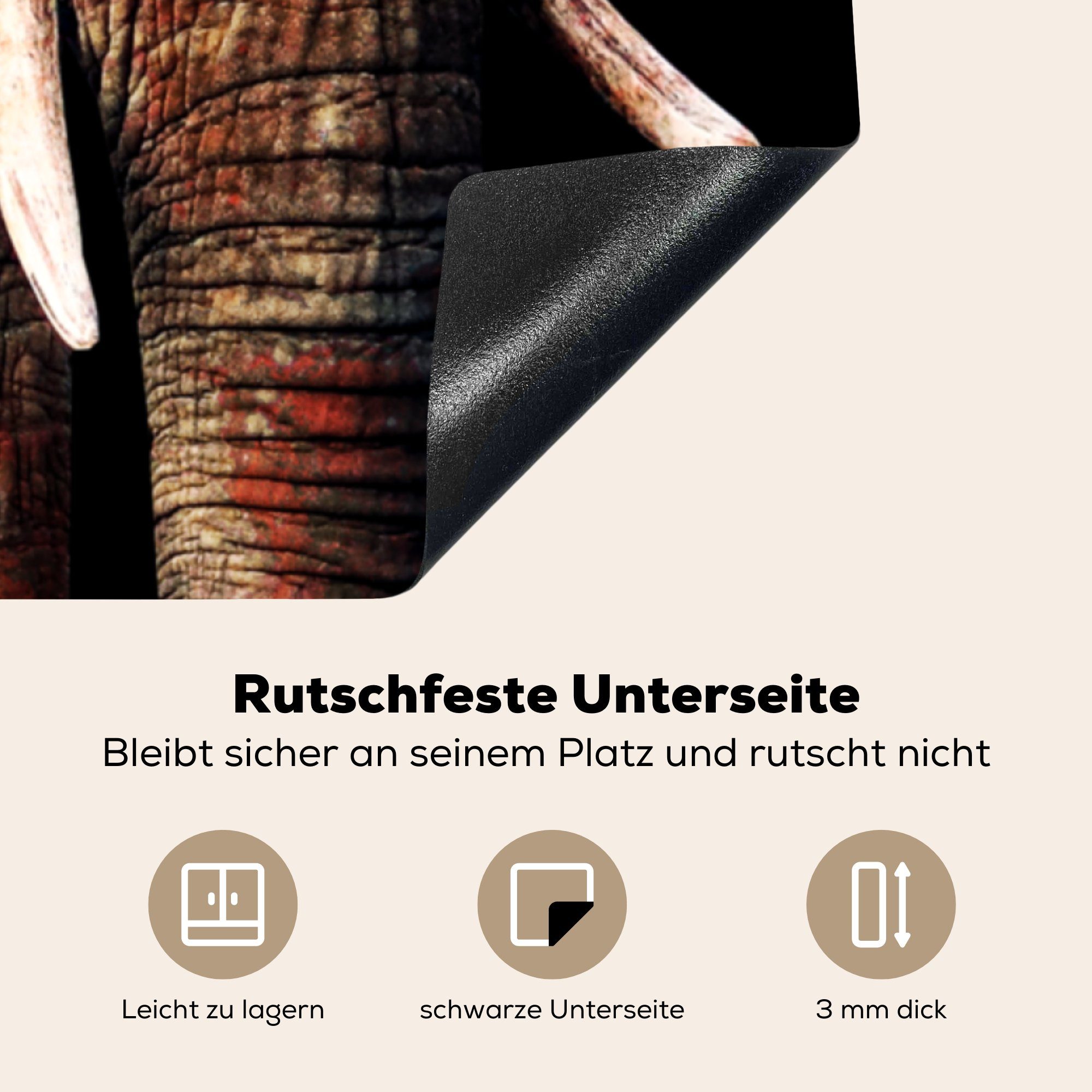 - küche tlg), Elefant Vinyl, - Zähne, Herdblende-/Abdeckplatte MuchoWow Ceranfeldabdeckung, für cm, 78x78 (1 Rot Arbeitsplatte