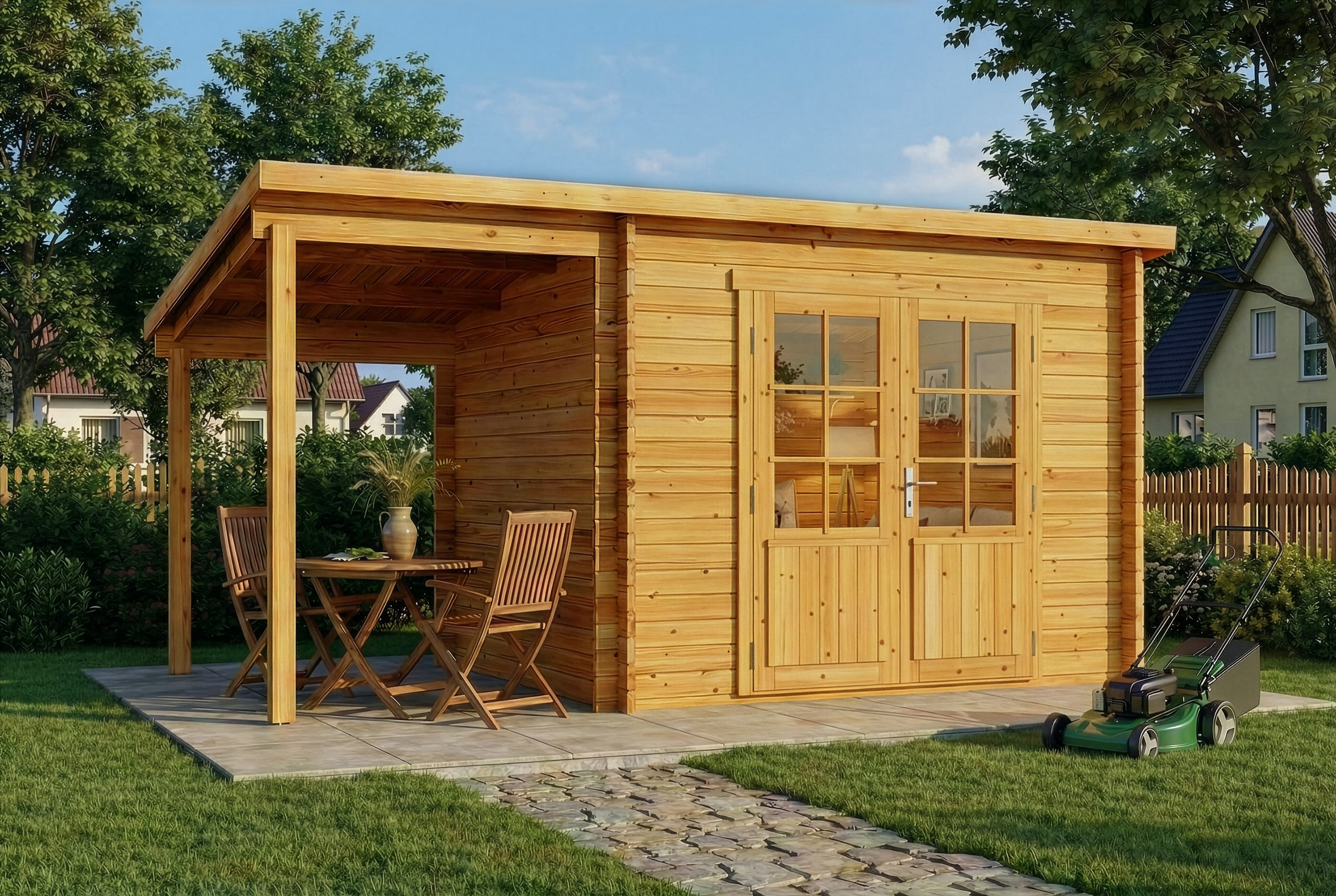 Alpholz Gartenhaus Holz Maria mit Schleppdach, BxT: 450x272 cm, in Imprägniert (Pinie) mit 28mm Wandstärke