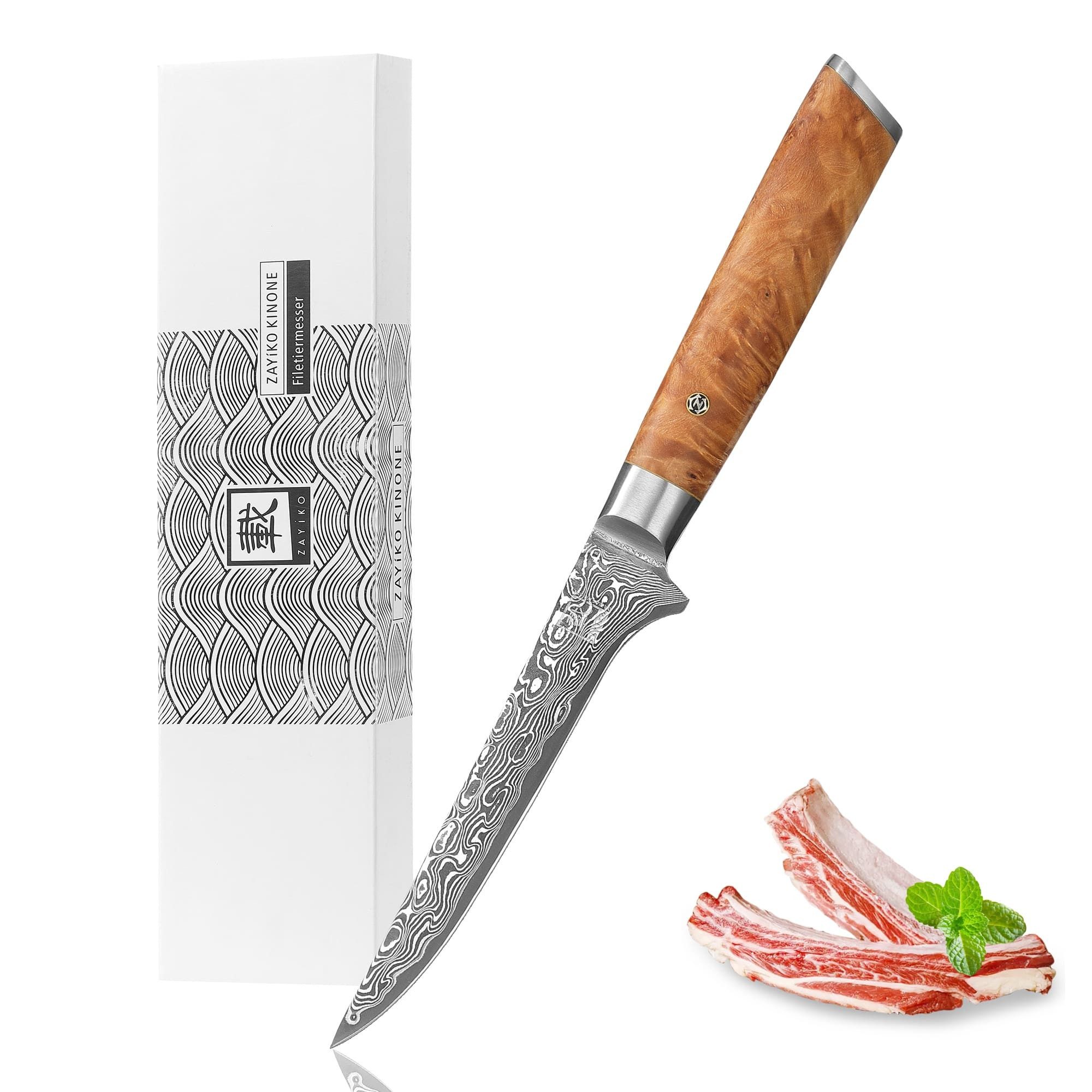 ZAYIKO Ausbeinmesser Kinone Damast Filetiermesser Küchenmesser 16 cm Klinge Wurzelholzgriff, schwarzer Damaststahl, VG10-Kern