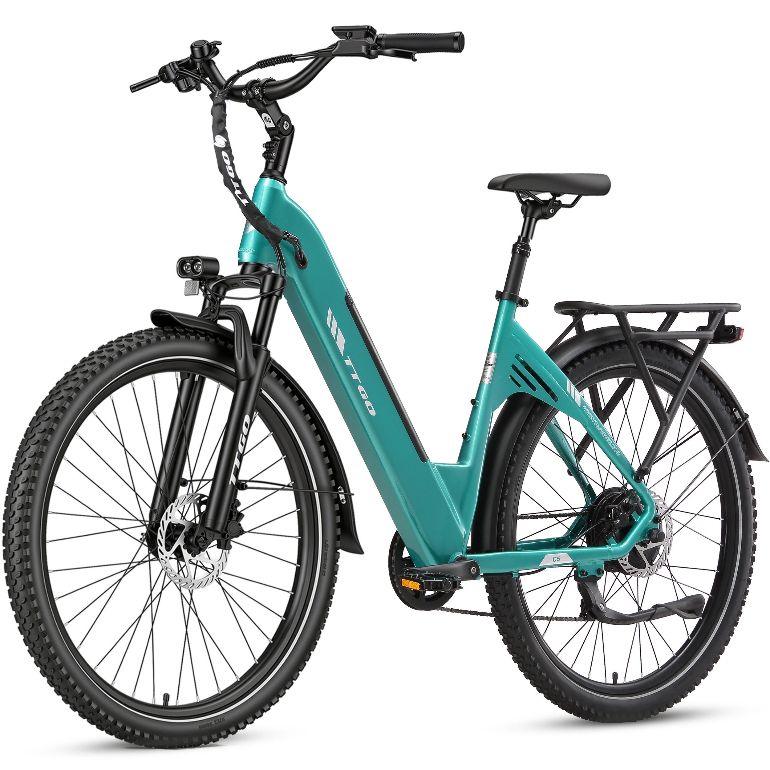 TTGO E-Bike Cityrad 28x2,4 Zoll, 110km, 70 Nm Hinterradmotor, C5, ZOOM Federsattelstütze, 7 Gang Shimano, Kettenschaltung, Heckmotor, 648 Wh, Tiefeinstieg, Pedelec, Elektrofahrrad, für Damen Herren, Hydr. Bremse