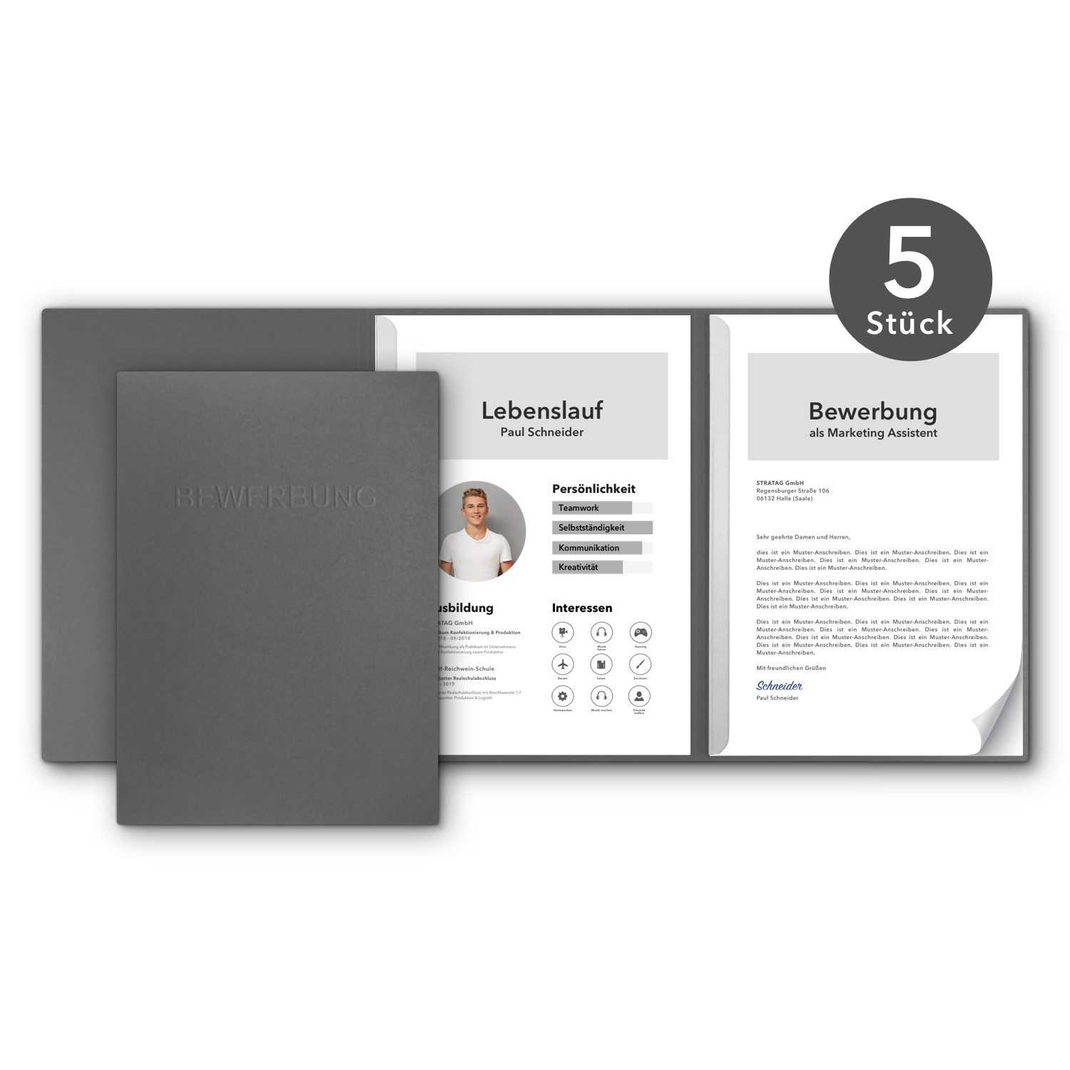 STRATAG Bewerbungsmappe favorit - 5 Stk. 3-tlg mit 2 Klemmschienen - sehr stabiler Naturkarton (Set, 5-St., mit eindrucksvoller Relief-Prägung BEWERBUNG), direkt vom deutschen Hersteller STRATAG