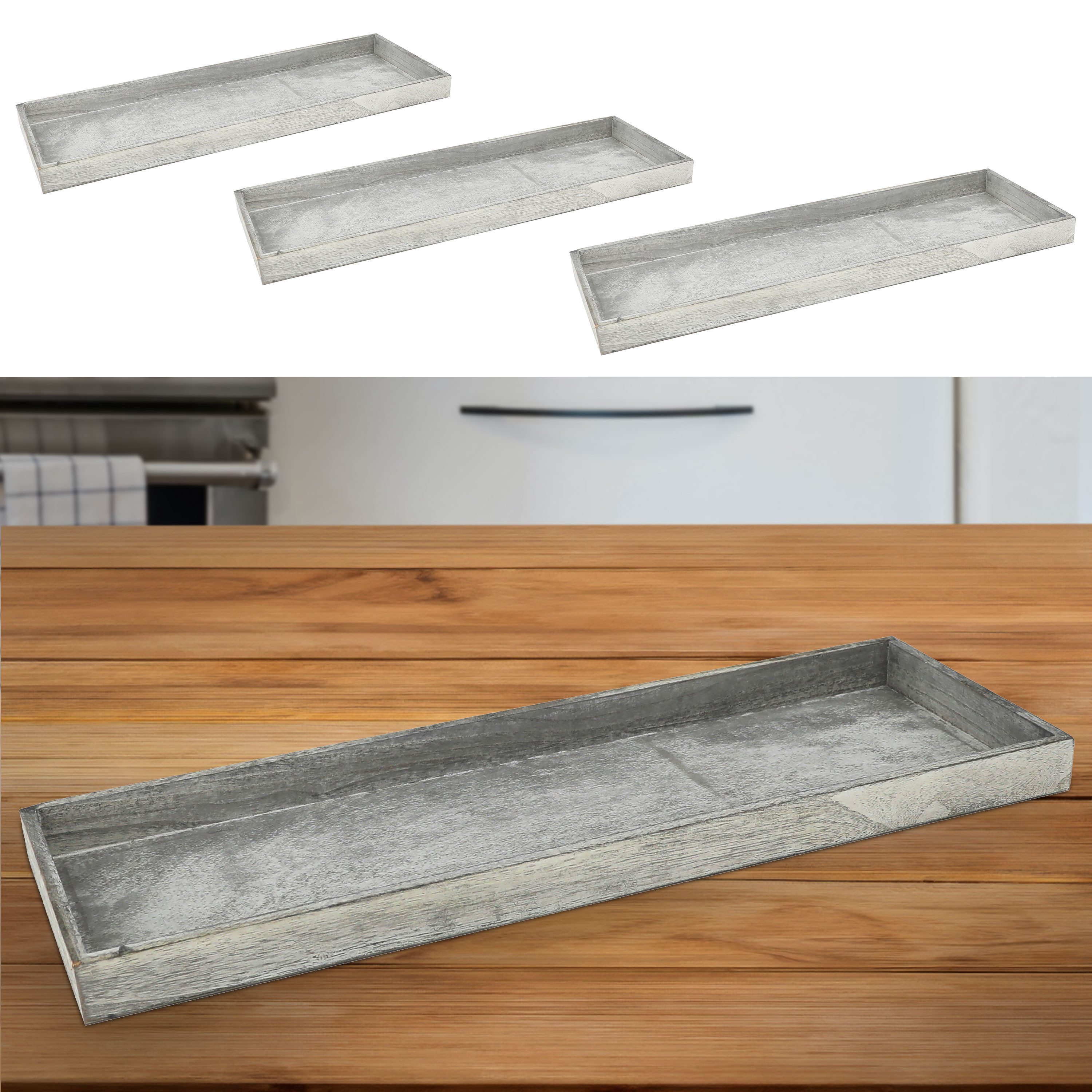CEPEWA Dekotablett Holztablett 3er Set 3 Größen Holzstärke 1cm Paulownia grau rechteckig
