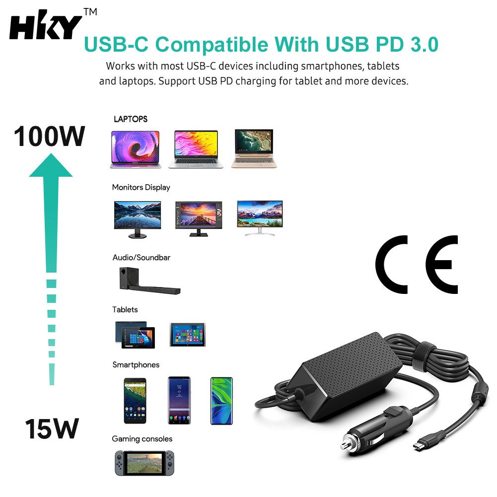 HKY 100W USB-C KFZ Netzteil 12V–24V für Lenovo ThinkPad / ThinkBook KFZ-Netzteil (Chromebook, HP, Acer, Asus, Surface Pro 9 & MacBook Air/Pro M3)