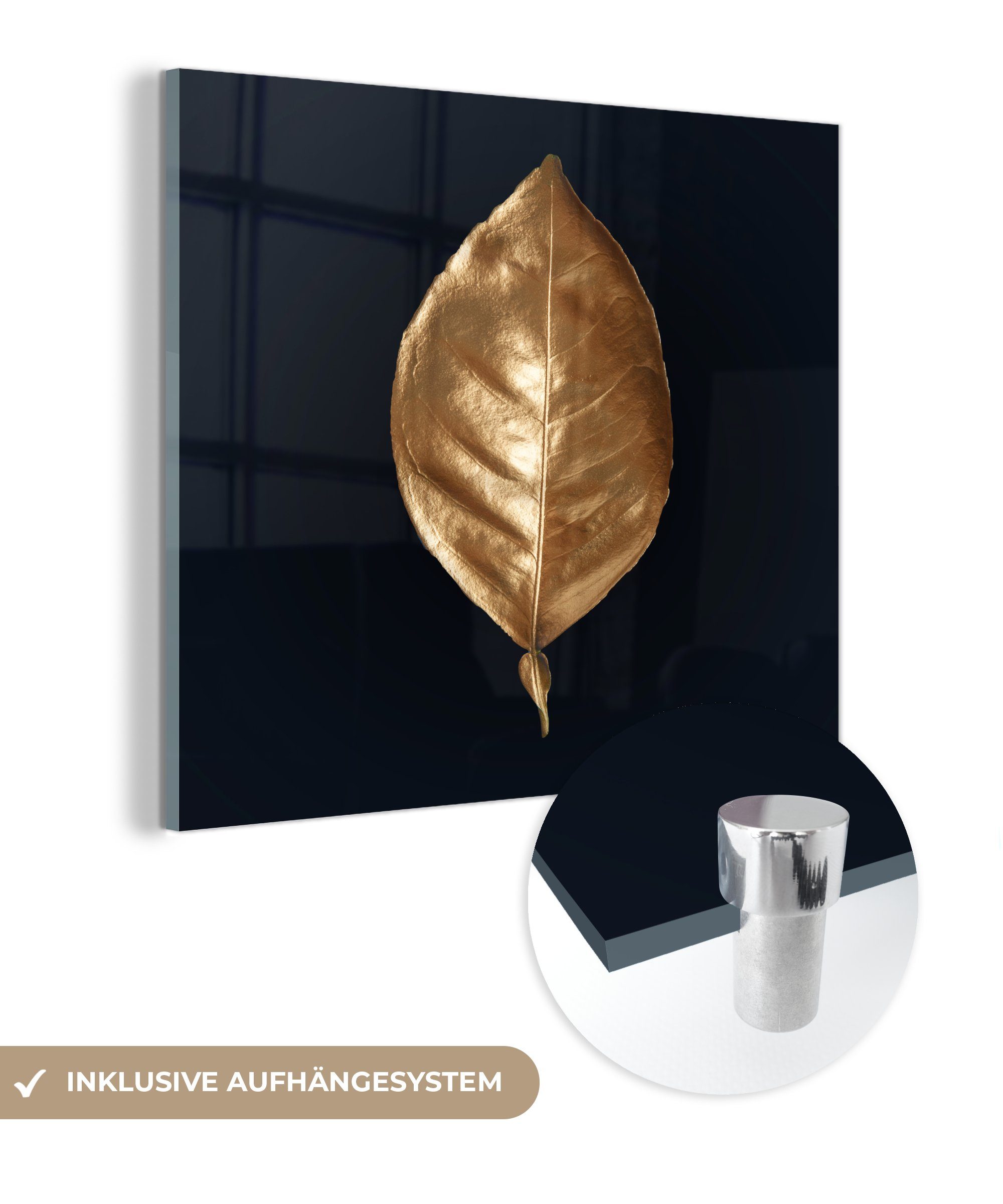 MuchoWow Acrylglasbild Blätter - Chic - Gold - Pflanzen - Schwarz, (1 St), Glasbilder - Bilder auf Glas Wandbild - Foto auf Glas - Wanddekoration bunt