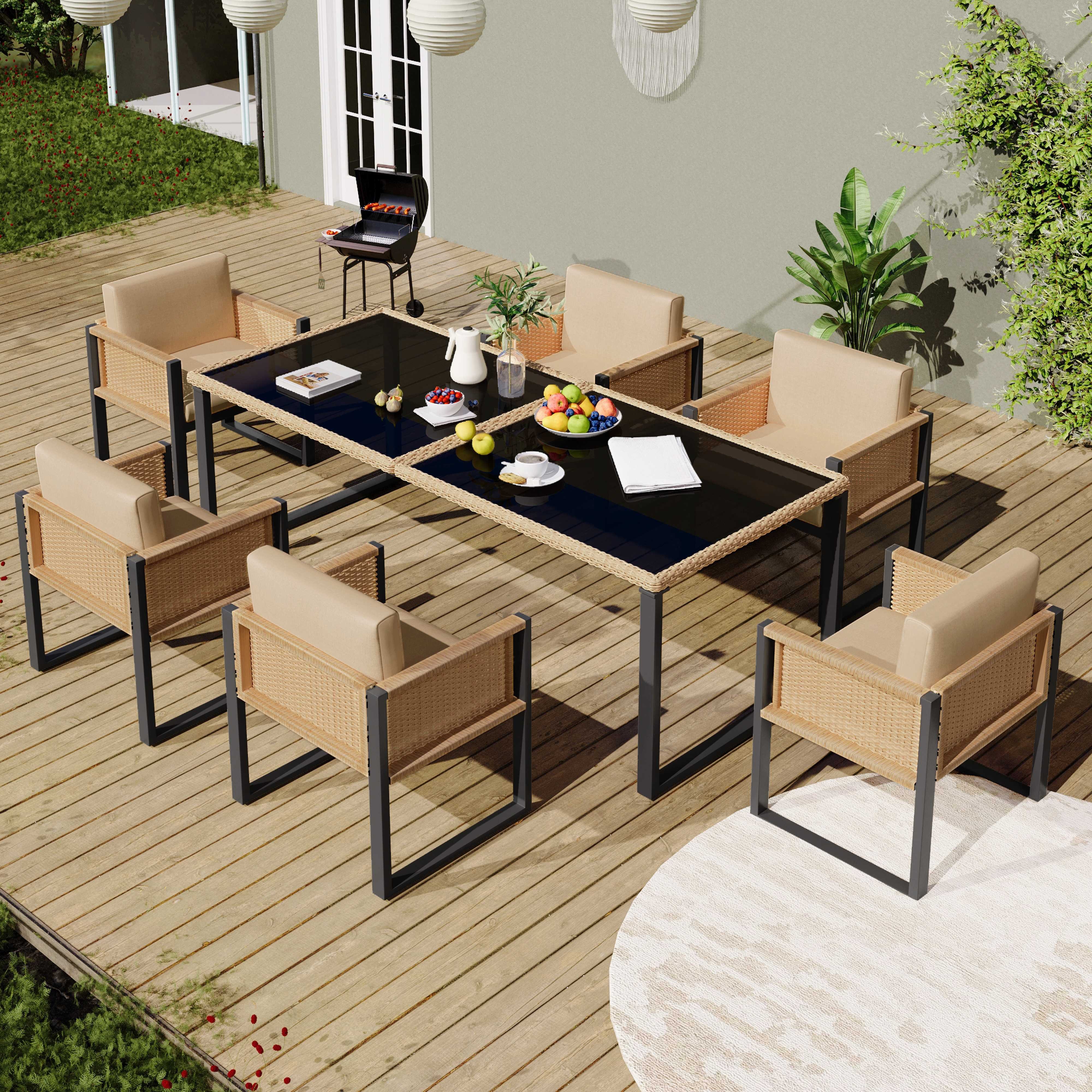 BlingBin Gartenlounge-Set Polyrattan Garten Essgruppe 7-tlg. (6 Stühle + Tisch 170x80), (1-tlg., wetterfestes Rattanmöbel-Set mit 8,5 cm Sitzkissen, Glasplatte), abziehbaren waschbaren Bezügen & verstellbaren Füßen