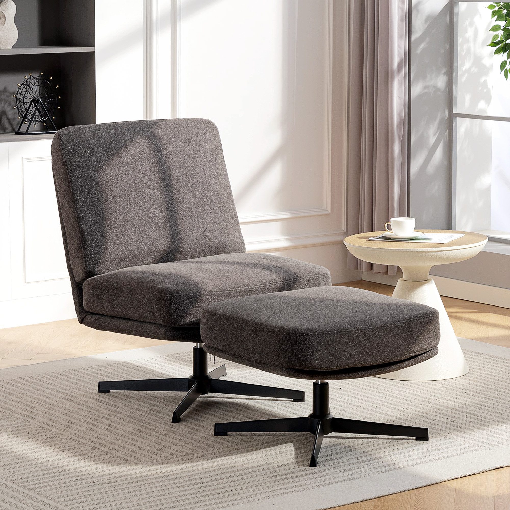 HOMCOM Relaxsessel Sessel mit Hocker, Drehbar, mit Leinenoptik, Dicker Breiter Sitz (Drehbar Loungesessel, 2-St., Schneidersitz Polstersessel), für Wohnzimmer, Schlafzimmer, Dunkelgrau