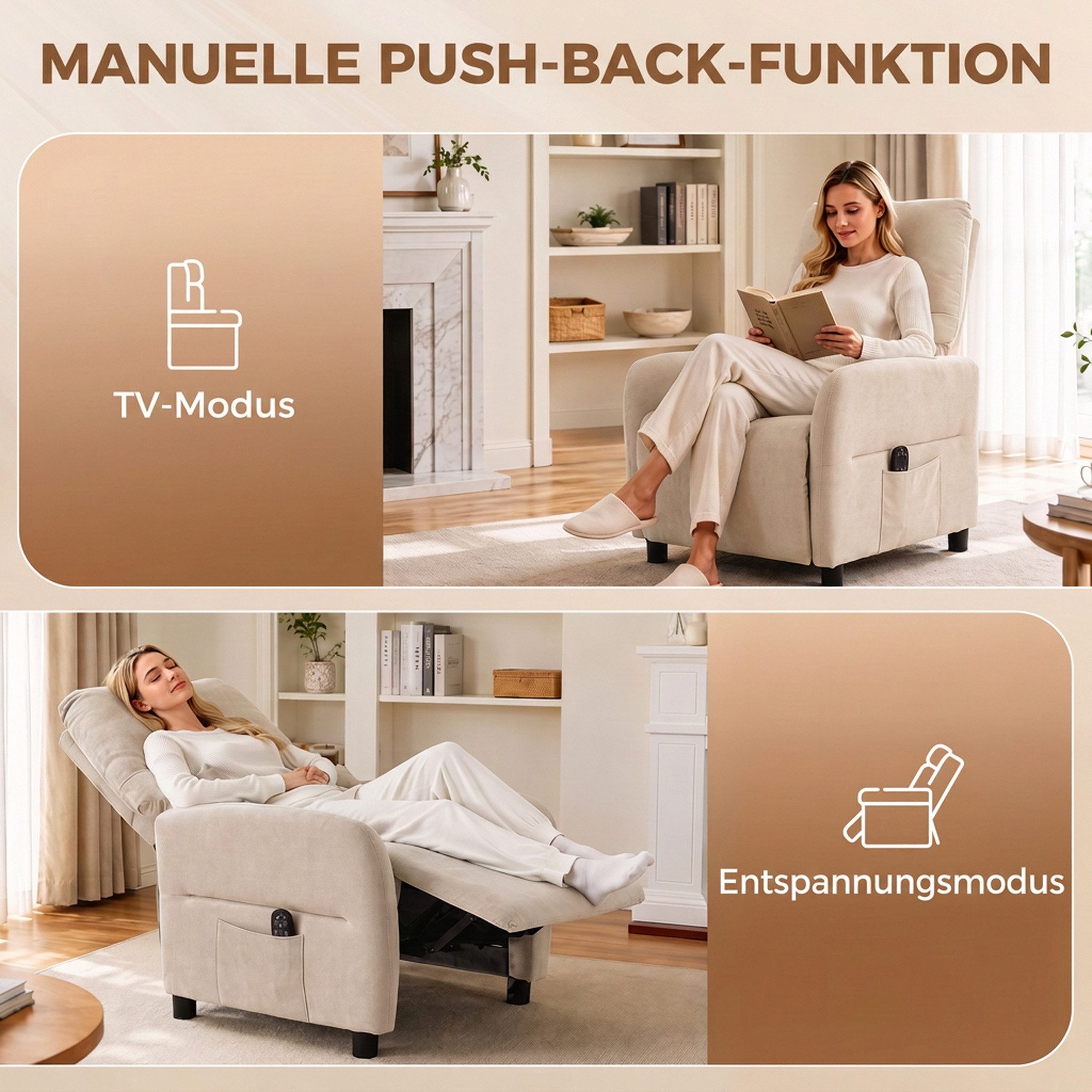 HOMCOM Massagesessel Relaxsessel Fernsehsessel mit Liegefunktion, 8-Punkt-Vibration (Set, 1-St., Relaxsessel), 8-Punkt-Massage, Lendenwärme, 135° Liege – Bild 5 von 5