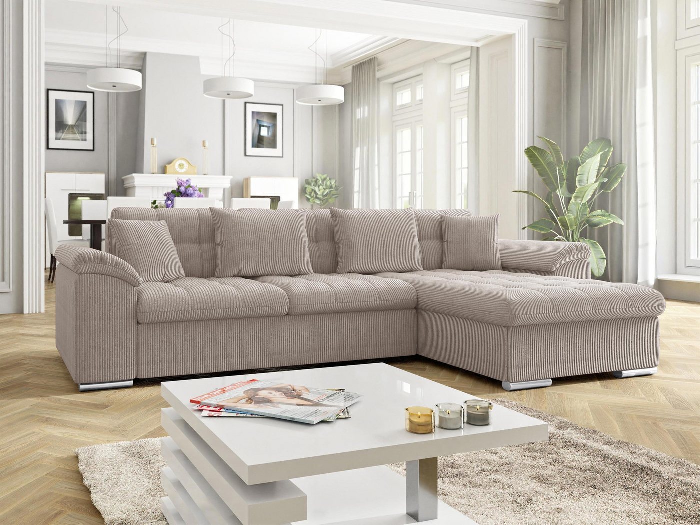 MIRJAN24 Ecksofa Diana Cord, mit Bettkasten und Schlaffunktion, Kissen-Set, 280x160x76 cm