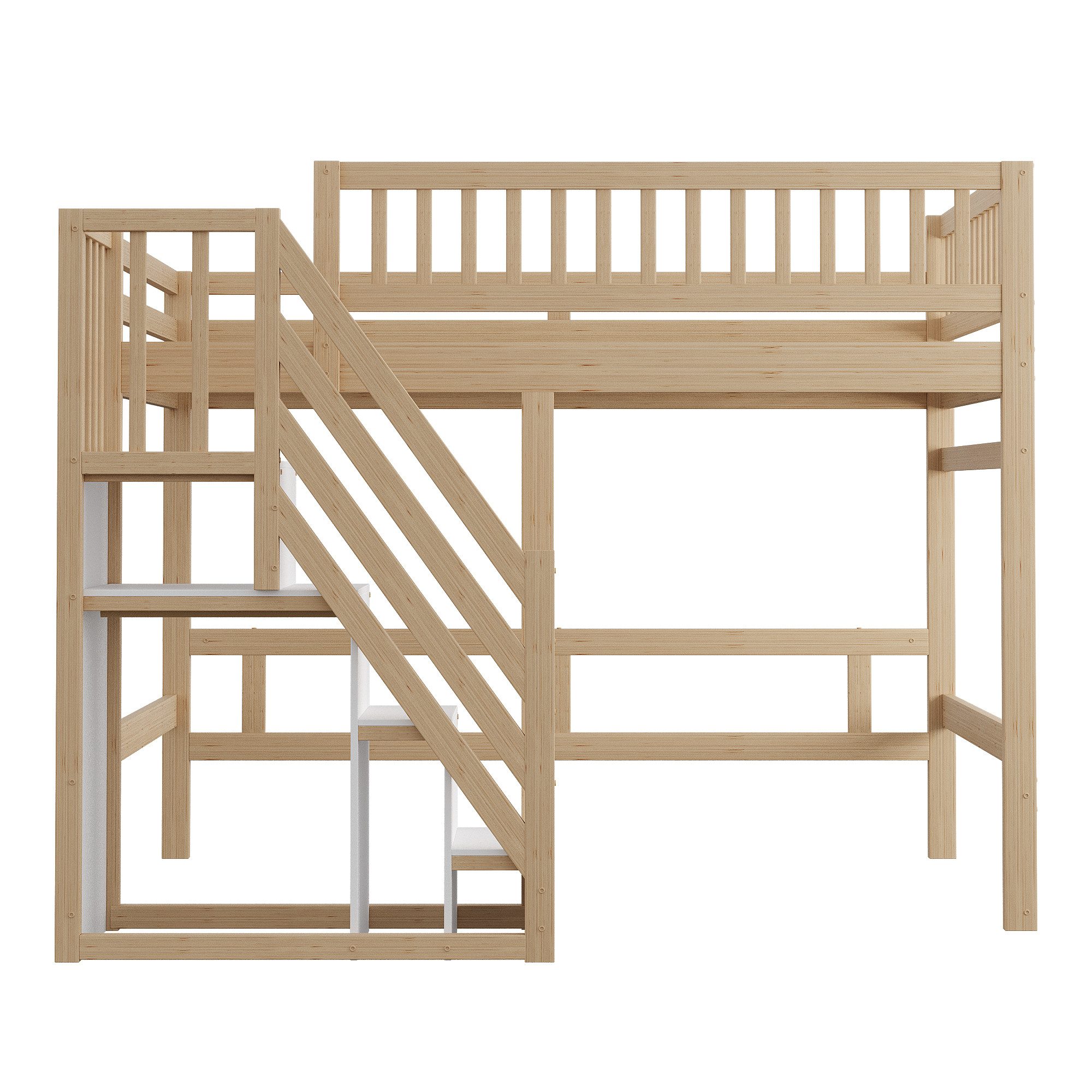 Merax Hochbett (Jugendbett mit Rausfallschutz und Lattenrost, 1-St) Etagenbett 140x200cm mit Treppe und Stauraum, Kiefernholz Kinderbett – Bild 5 von 5