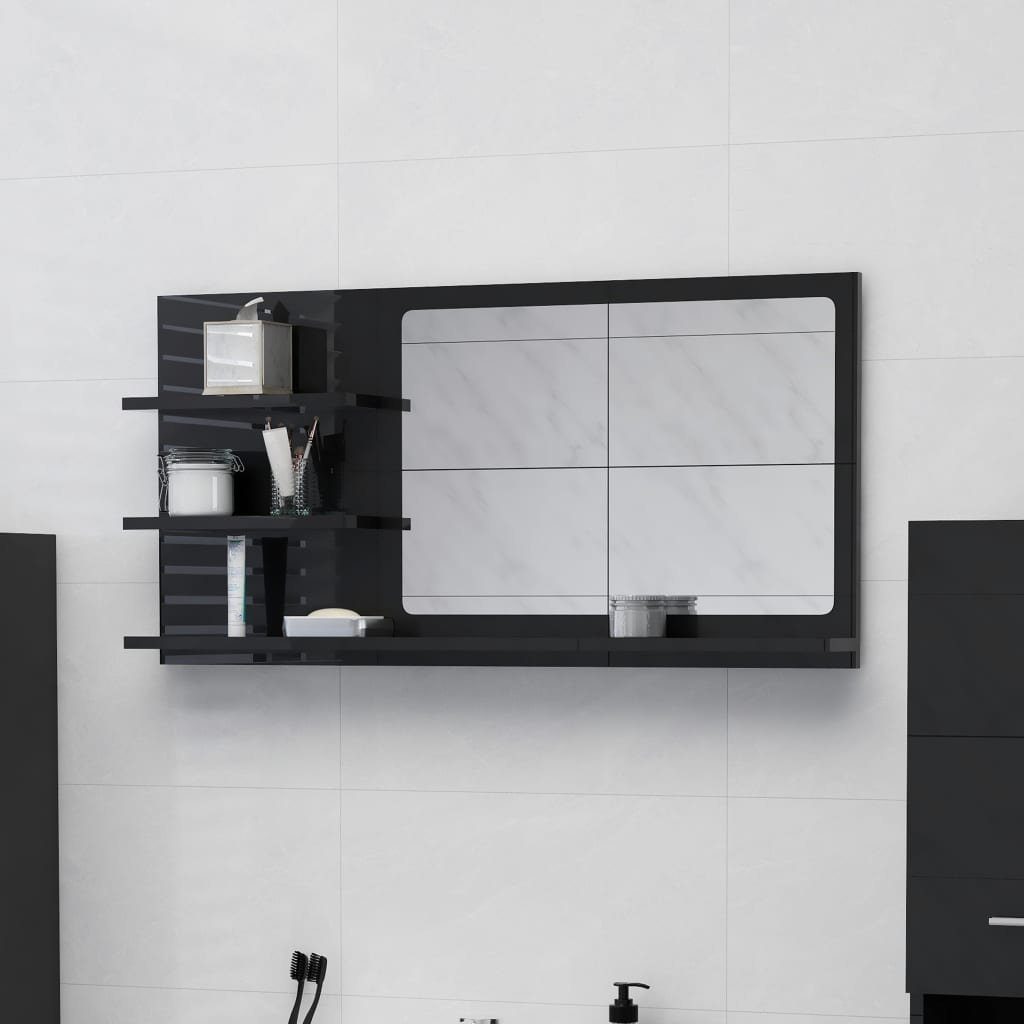 möbelando Badspiegel aus Acryl 90x45x10 in cm), Spanplatte, Hochglanz-Schwarz (B/H/T: Friedensau