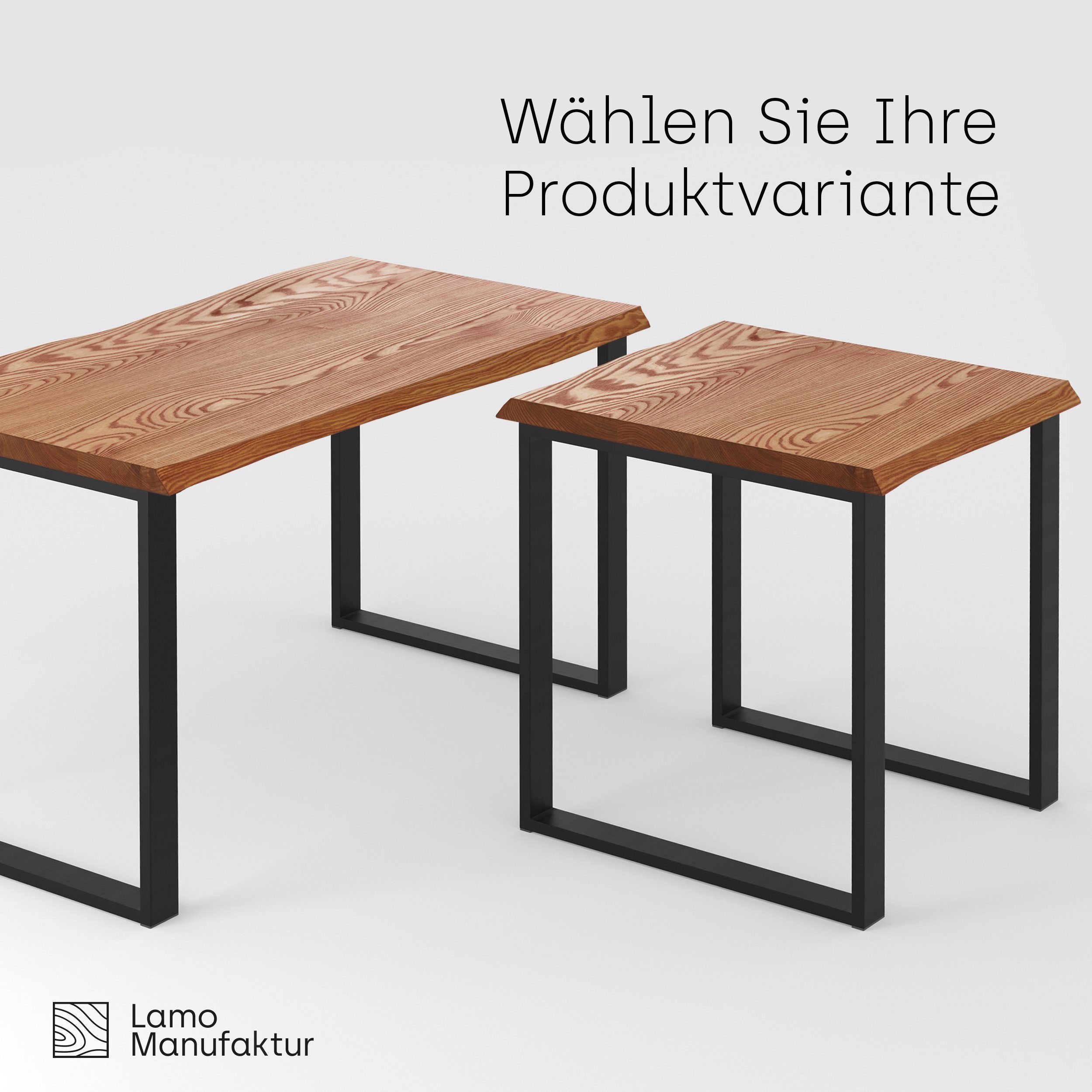 LAMO Manufaktur Anthrazit Natur (1 Baumkante Tisch), Massivholz Baumkantentisch inkl. Esstisch Metallgestell Modern | massiv