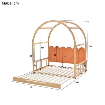 SOFTWEARY Kinderbett Ausziehbett mit Lattenrost und ausziehbarer Liegefläche (140x100cm/140x200cm), Kiefer