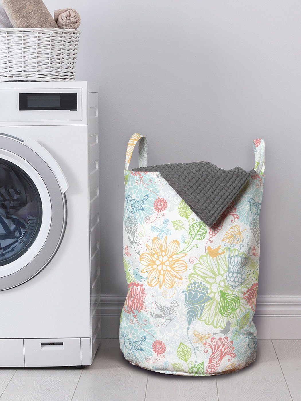 Abakuhaus Wäschesäckchen Wäschekorb mit Vögel Kordelzugverschluss Frühling für Damast-Muster Griffen Waschsalons