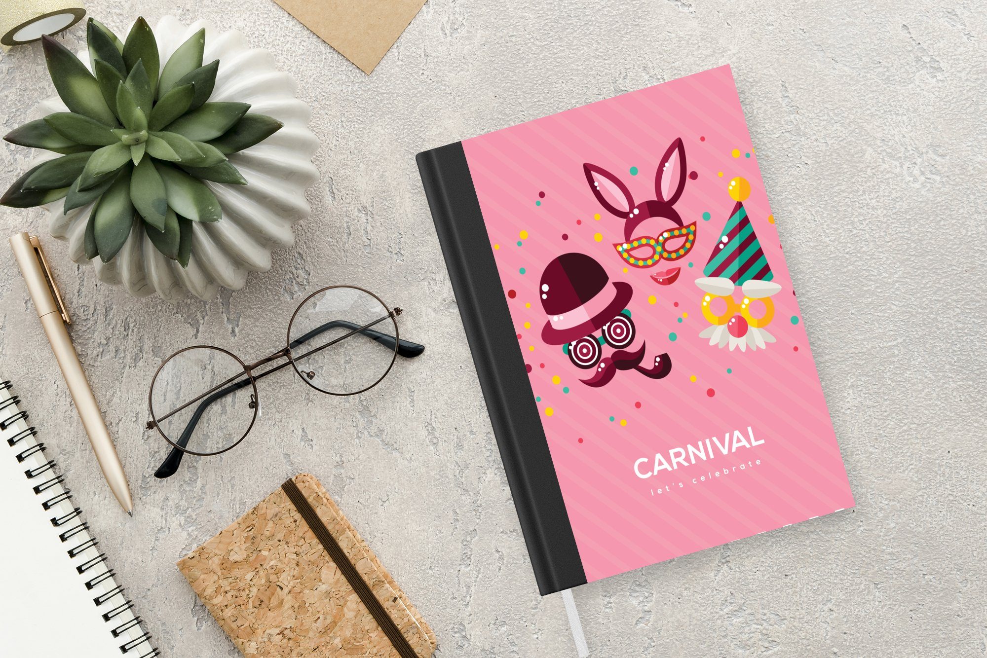 MuchoWow Notizbuch "Karneval" mit Journal, Tagebuch, Masken, Merkzettel, Notizheft, Haushaltsbuch 98 Seiten, A5