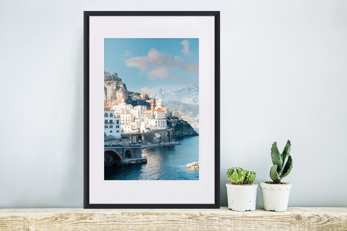 Poster, - Gerahmtes Bilderrahmen Stadt Weiß, mit Poster Italien Rahmen, Schwarzem MuchoWow (1 - St), Kunstdruck,