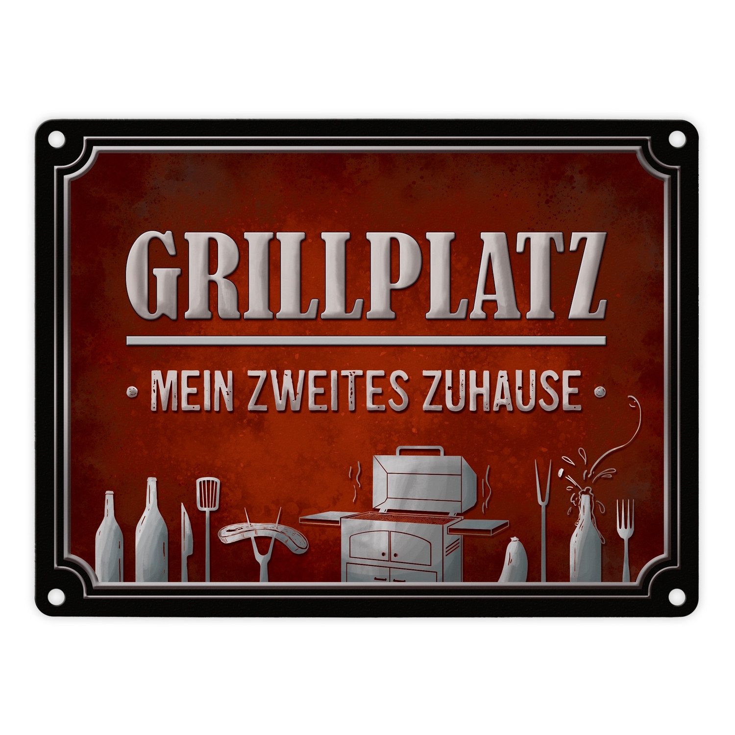 Metallschild Grillplatz mein zweites Zuhause Metallschild in rot Grill grillen